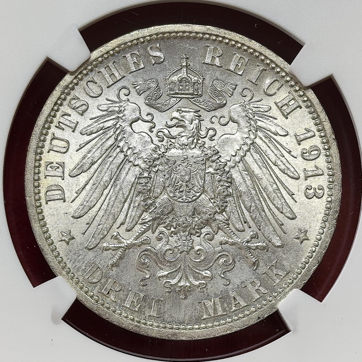 凡希社世界钱币微拍第二百八十二期 1913A德国吕贝克双头鹰3马克NGC-MS64，薄彩原银光，名至实归的藏家品质。