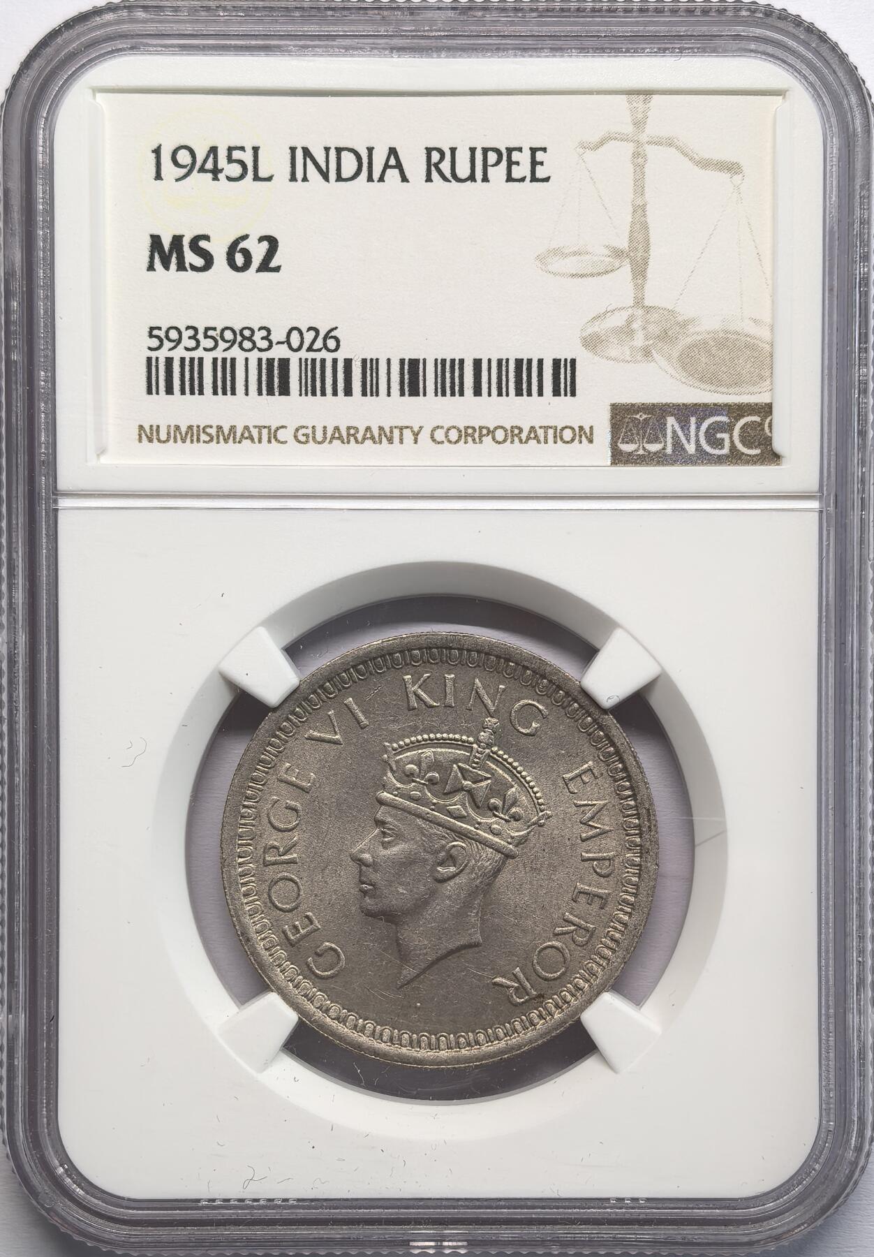 凡希社世界钱币微拍第二百八十二期 1945L英属印度乔六卢比银币NGC-MS62
