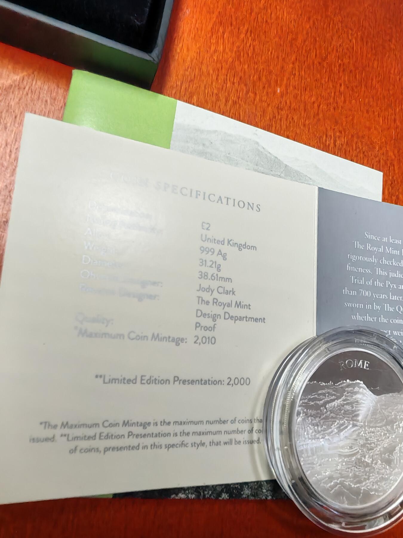 长老汇龙年精选第二十七场拍卖 2022英国罗马城景2英镑1盎司精制银币，盒证全，2000枚，受欢迎的系列，伦敦没订到，罗马两盎司没订到