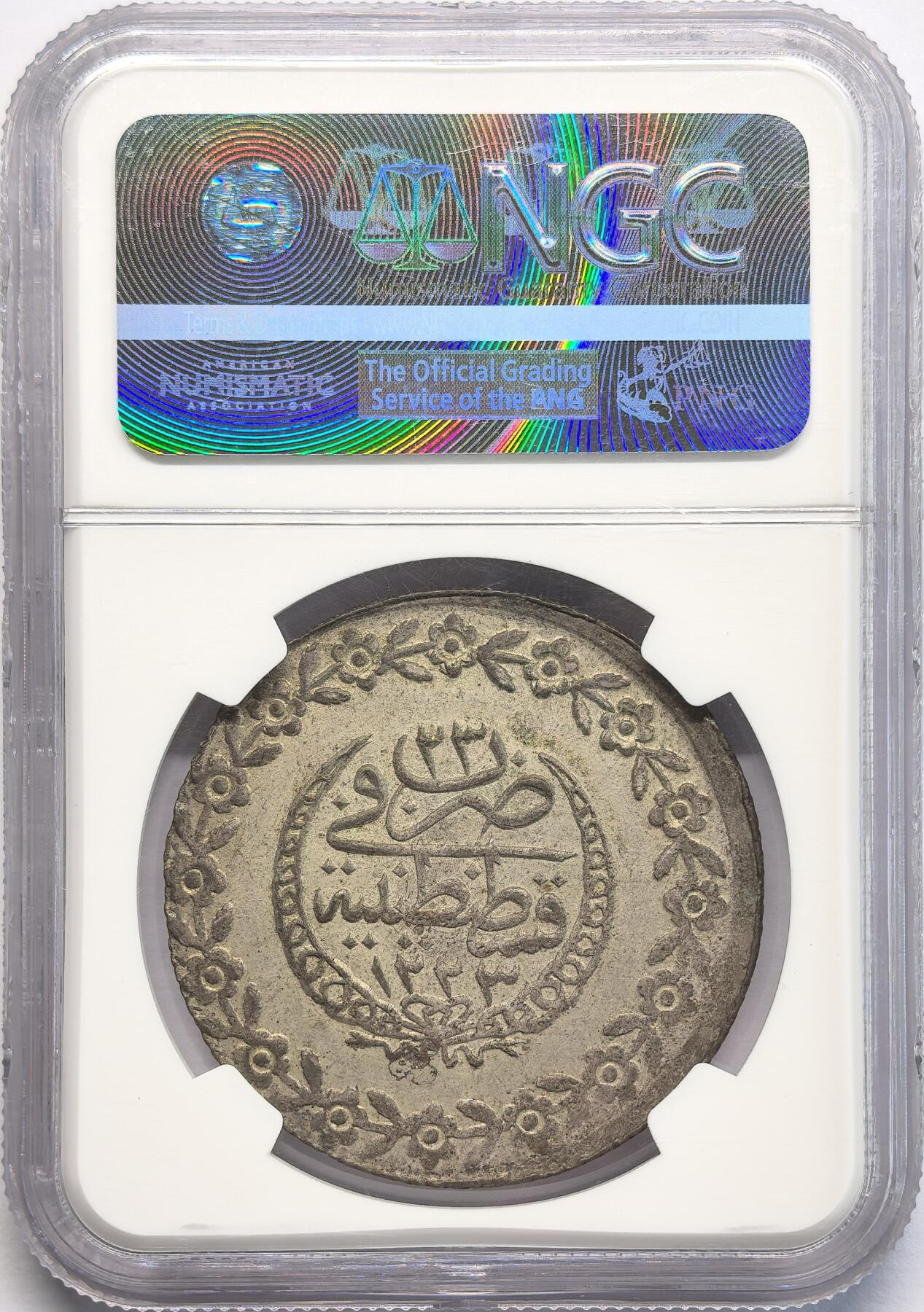 凡希社世界钱币微拍第二百八十二期 AH1223/23土耳其5K大银NGC-MS62，N标签错误，实物状态难得！