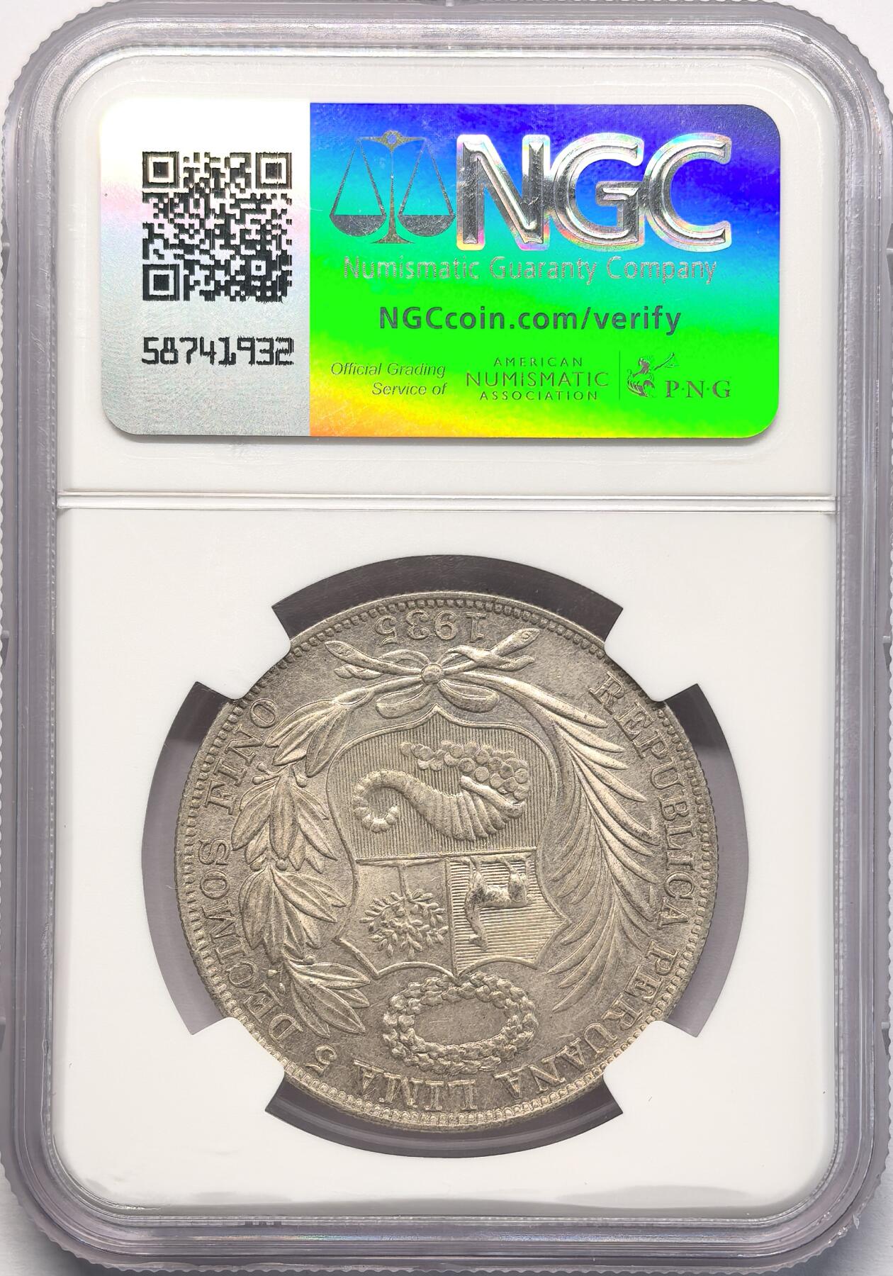 凡希社世界钱币微拍第二百八十二期 1935秘鲁座人SOL大银NGC-MS62