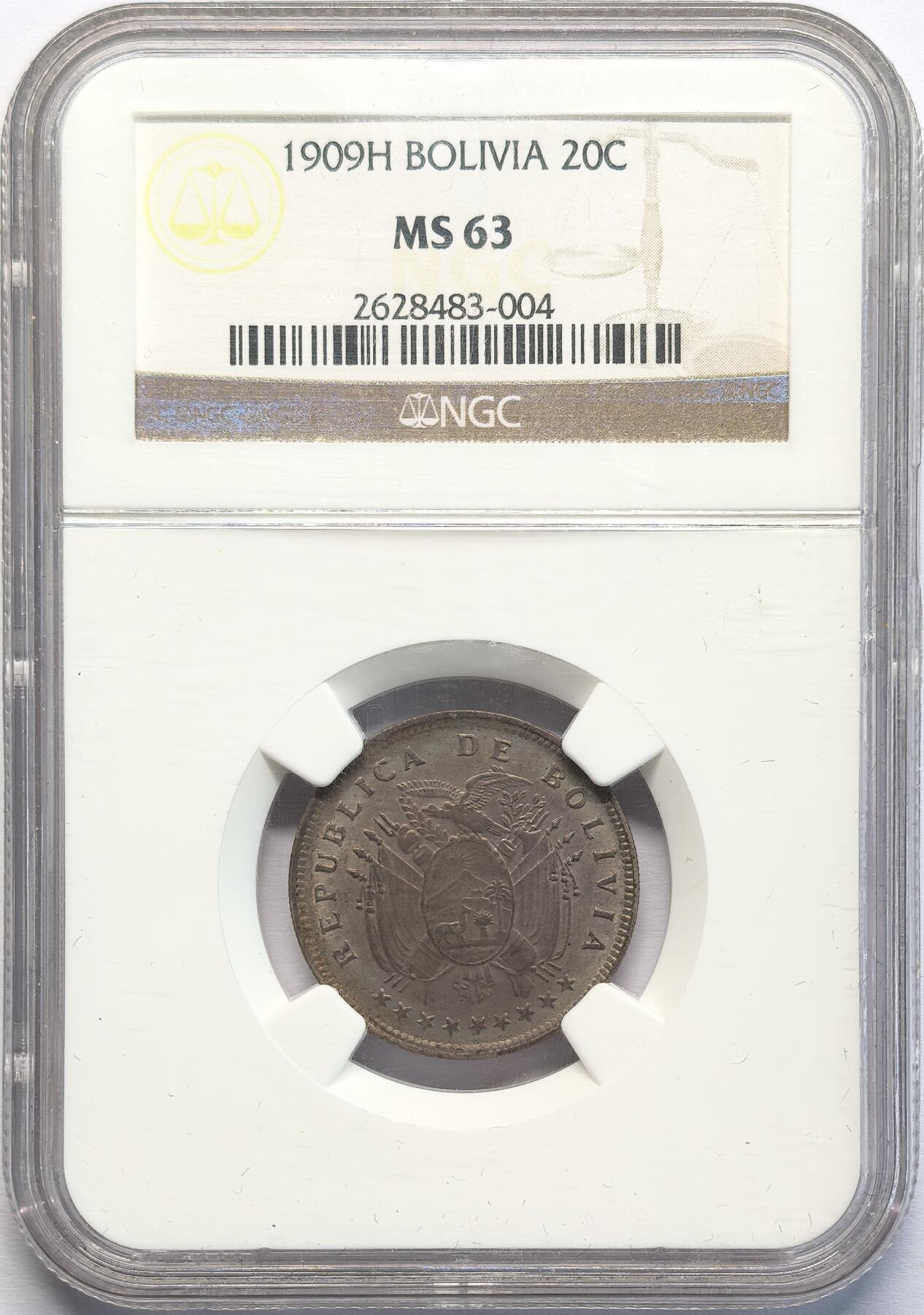 凡希社世界钱币微拍第二百八十二期 1909H玻利维亚20分银币NGC-MS63