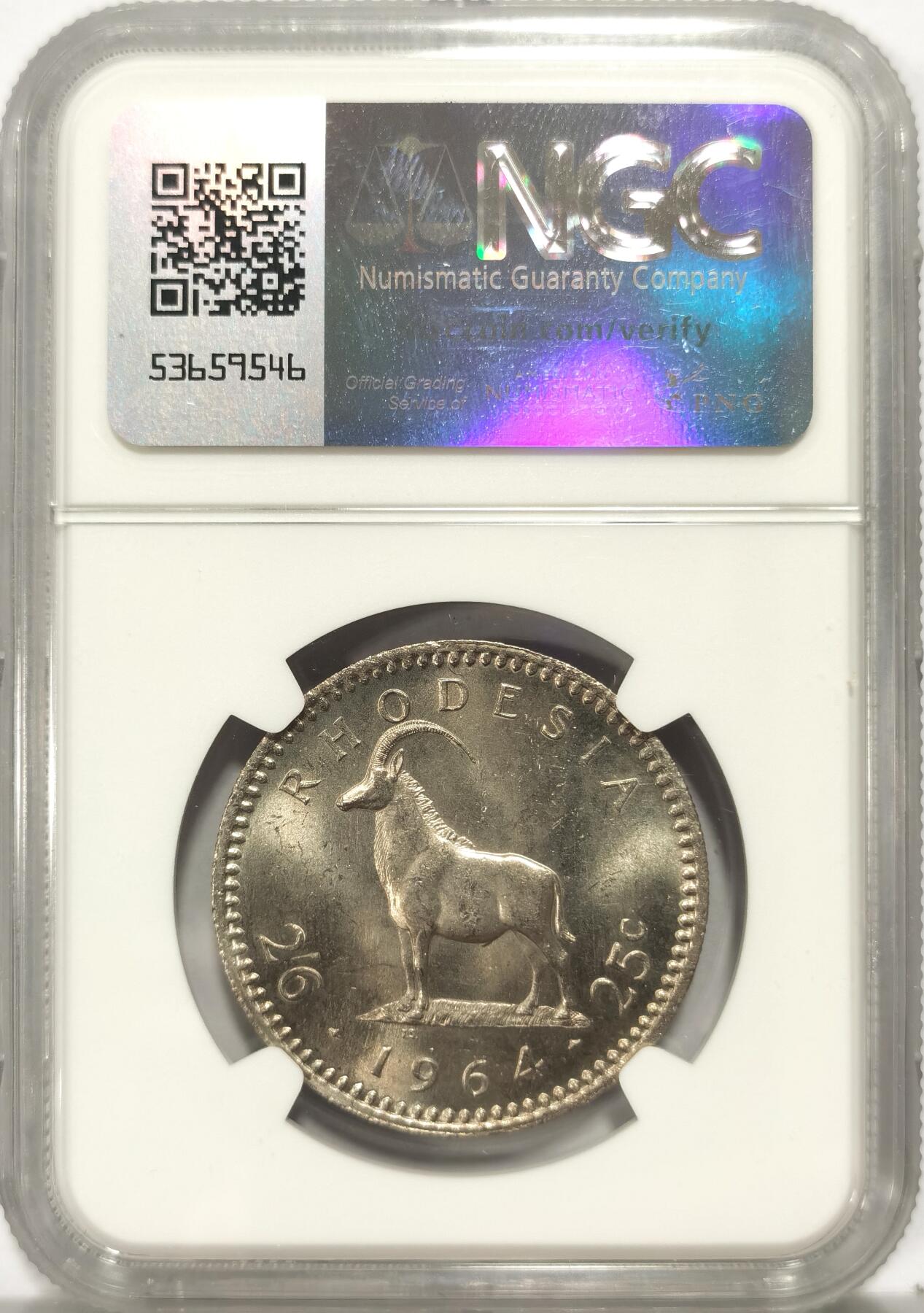 博洋堂“长夏未央”8月精品专场暨第089期（全场包邮） NGC MS63 罗德西亚1964年2先令6便士-25分少见双面值 该版最大面值 BU美品