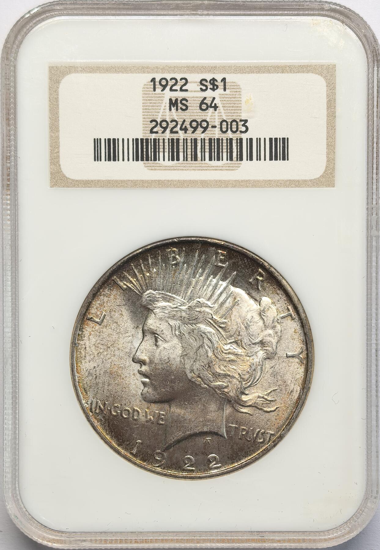 凡希社世界钱币微拍第二百八十二期 1922美国和平壹元NGC-MS64，洒金皮壳。