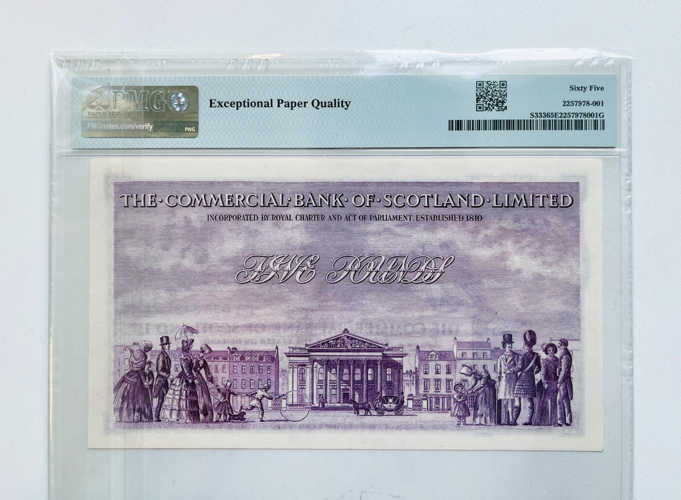 【Blue Auction】✨世界纸币精拍第533期【精】  苏格兰 1957年5镑 PMG65EPQ BWC出品 背面大场景雕刻精美 值得收藏
