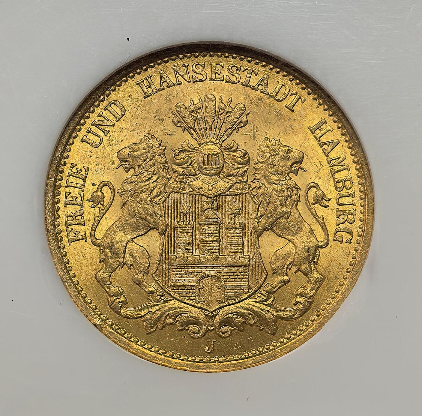 凡希社世界钱币微拍第二百八十二期 1876德国汉堡短翅鹰20马克金币NGC-MS64，7.965g，900金。