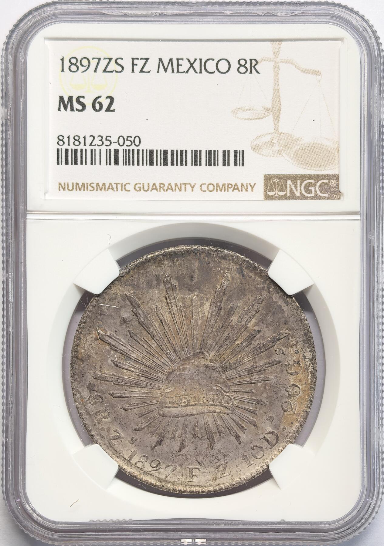 凡希社世界钱币微拍第二百八十二期 1897ZS墨西哥花边鹰洋NGC-MS62，韵味极佳的淡色五彩。