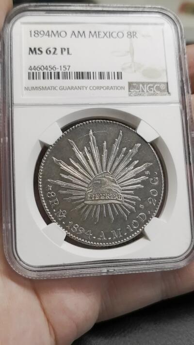凡希社世界钱币微拍第二百八十二期 荐！1894MO墨西哥花边鹰洋8R大银NGC-MS62PL，类镜面实物稀有，参见视频。