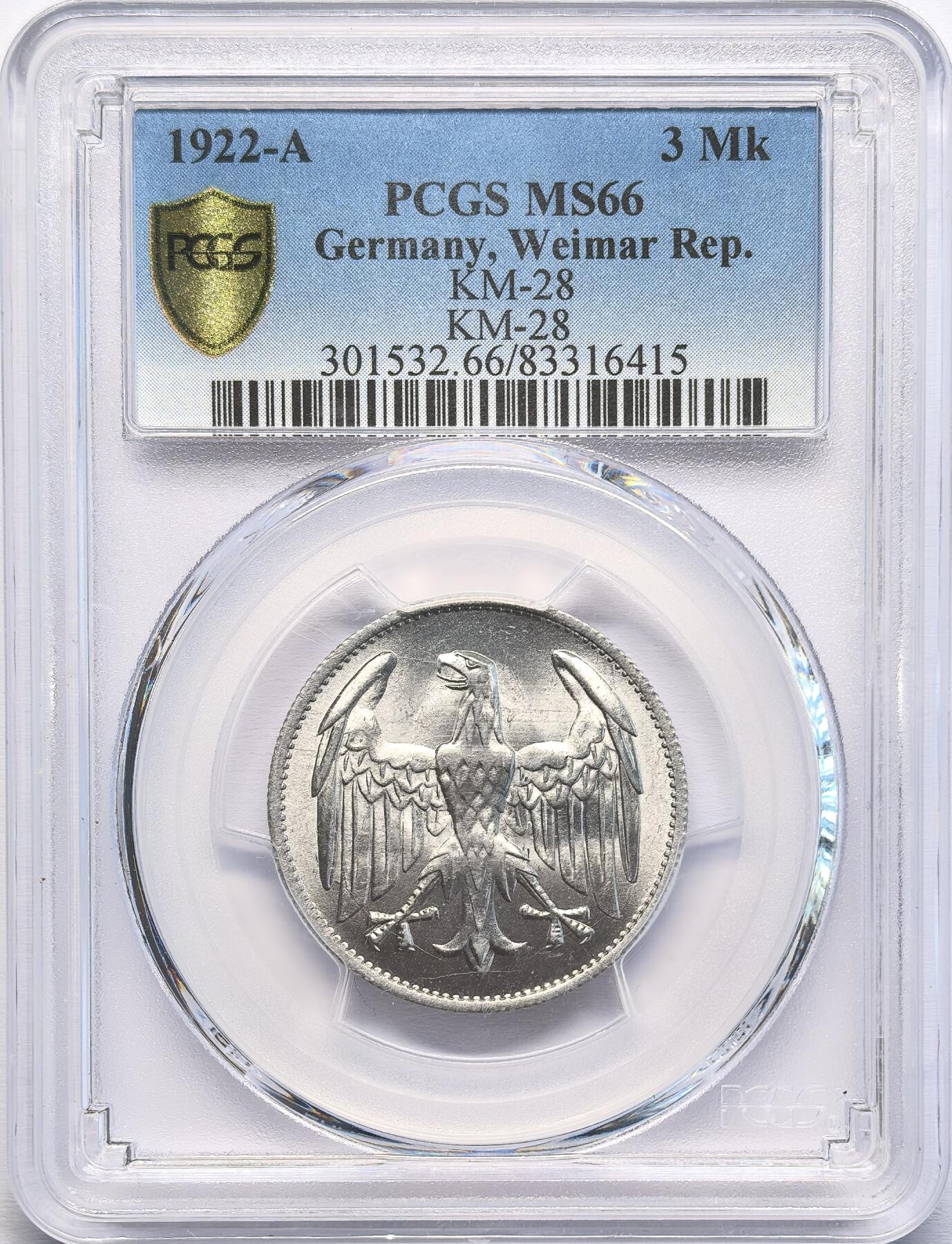 凡希社世界钱币微拍第二百八十二期 1922A德国魏玛3马克PCGS-MS66