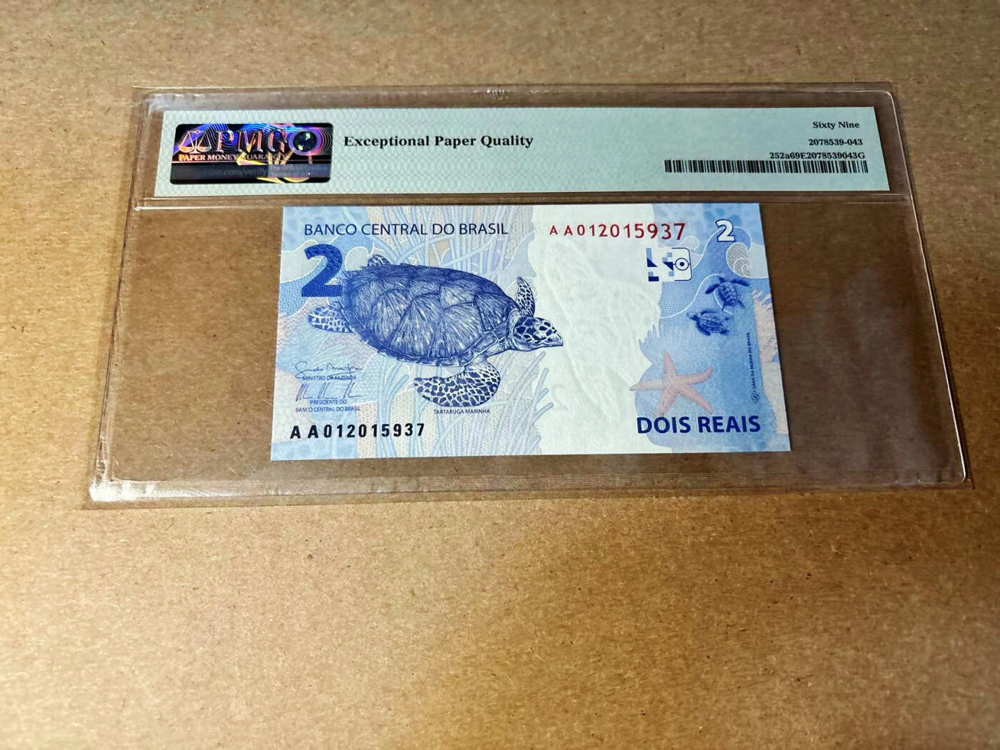 【Blue Auction】✨世界纸币精拍第533期【精】 【AA】巴西 2010年2瑞斯 PMG69EPQ 近满分