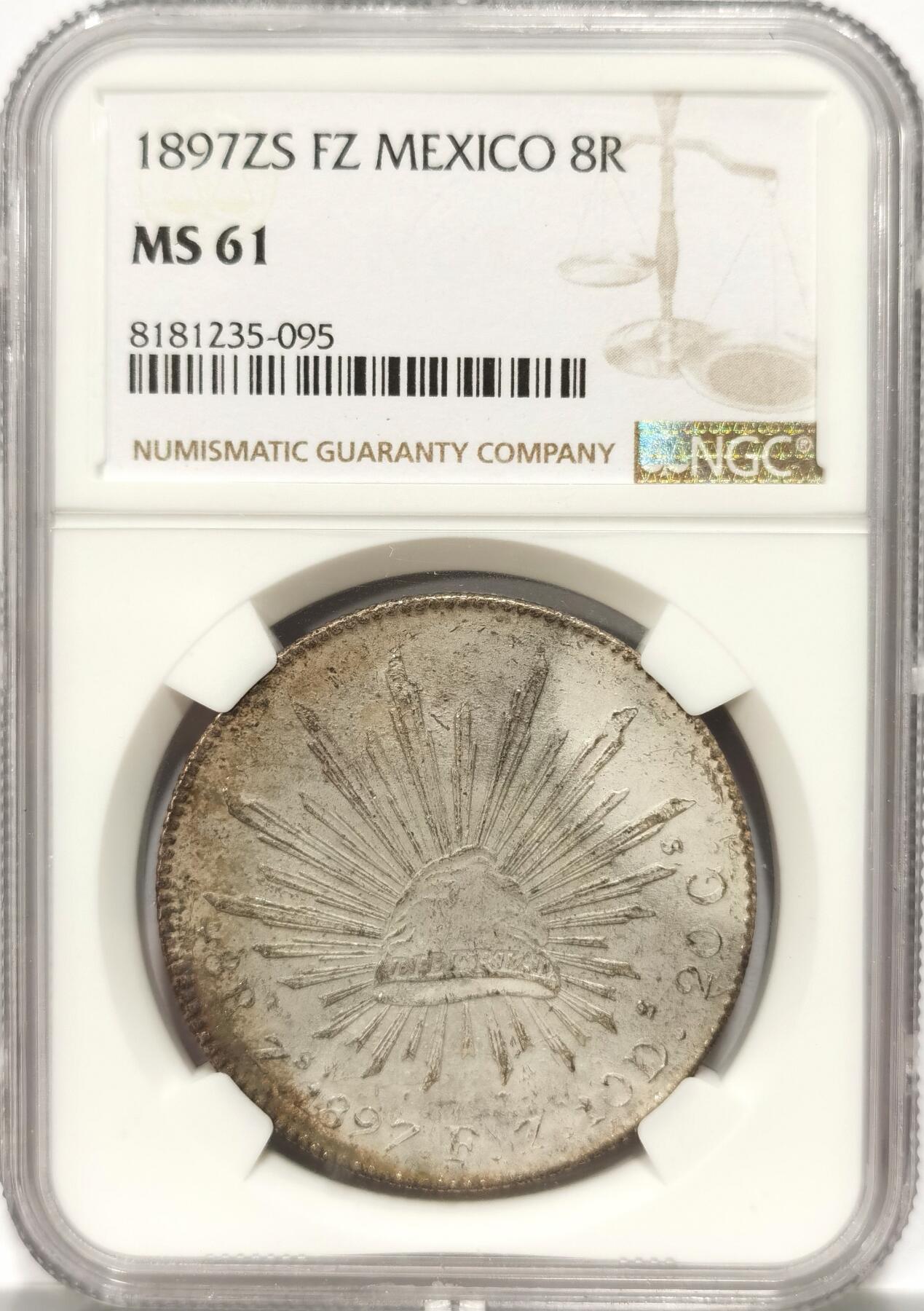 博洋堂“长夏未央”8月精品专场暨第089期（全场包邮） 1897年墨西哥花边鹰洋8瑞尔银币NGC-MS61，ZS FZ版，原汁原味老包浆，包浆醇厚，铸打深峻，极美灰彩，魅力非凡，经典潜力品种