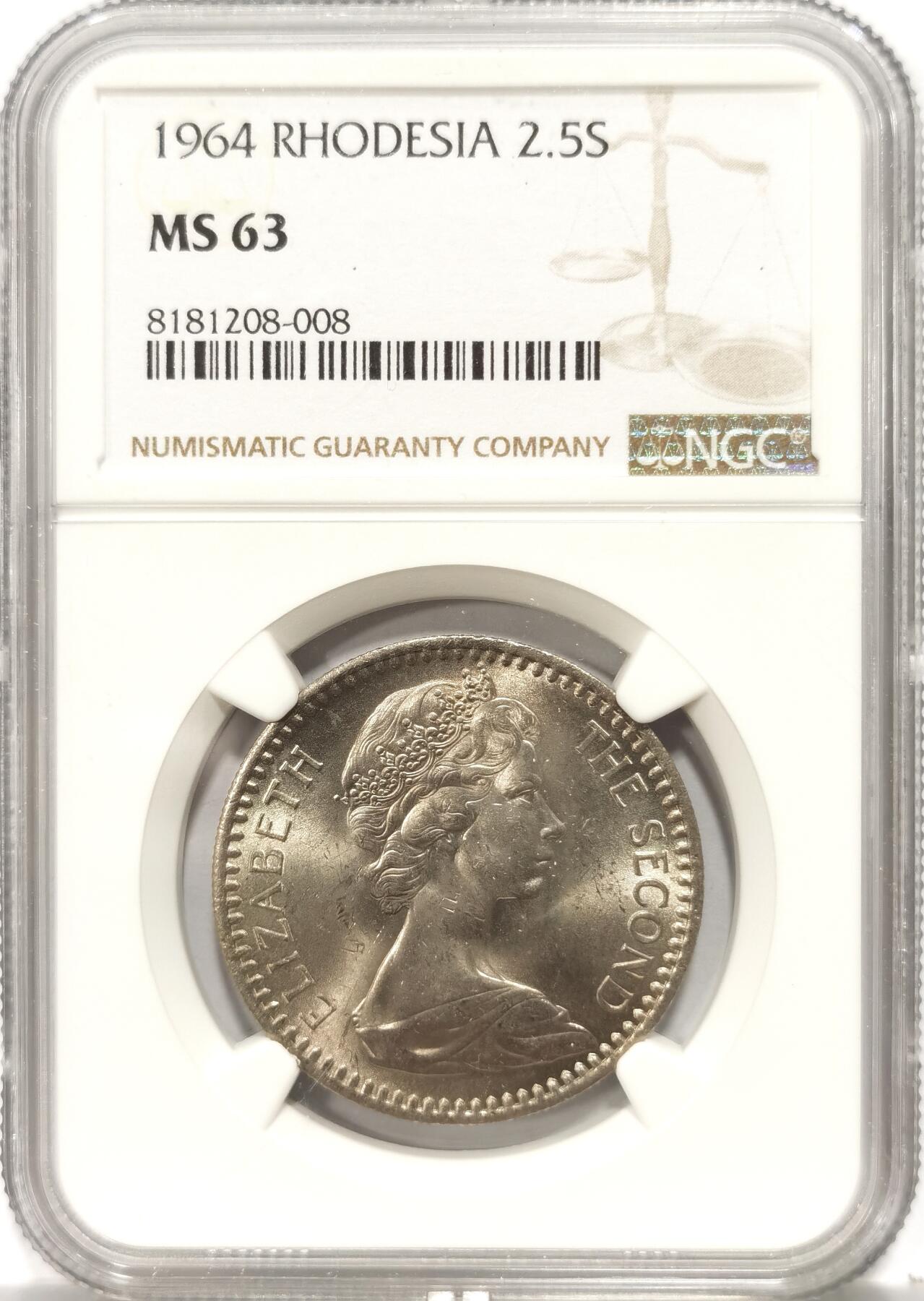 博洋堂“长夏未央”8月精品专场暨第089期（全场包邮） NGC MS63 罗德西亚1964年2先令6便士-25分少见双面值 该版最大面值 BU美品