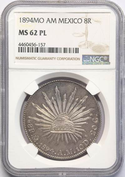 凡希社世界钱币微拍第二百八十二期 - 荐！1894MO墨西哥花边鹰洋8R大银NGC-MS62PL，类镜面实物稀有，参见视频。