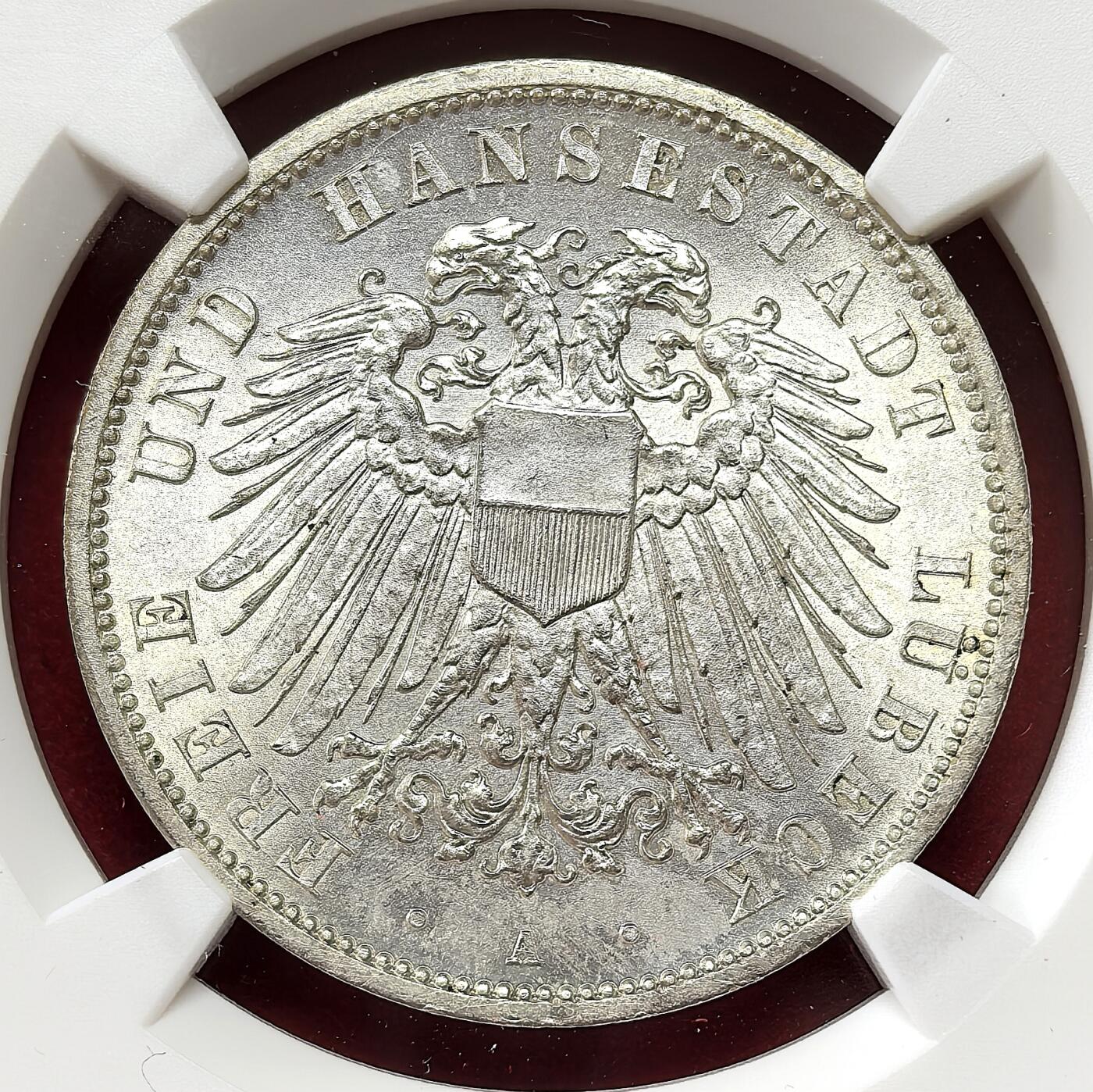 凡希社世界钱币微拍第二百八十二期 1913A德国吕贝克双头鹰3马克NGC-MS64，薄彩原银光，名至实归的藏家品质。