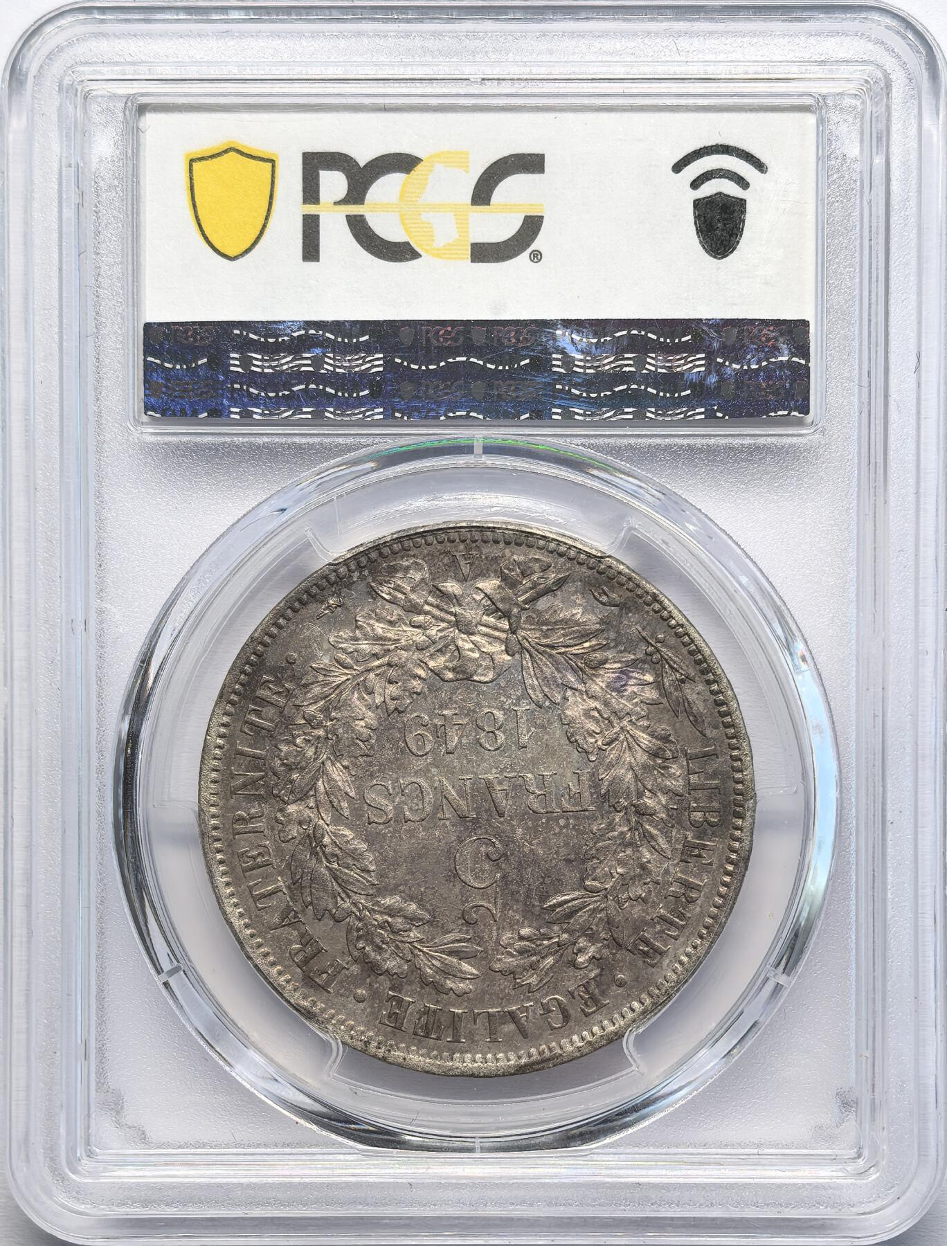 凡希社世界钱币微拍第二百八十二期 1849A法国谷物女神5法郎大银PCGS-MS62，五彩斑斓，侧光下呈现金黄光泽，底板非常漂亮，实物美不胜收的一枚。