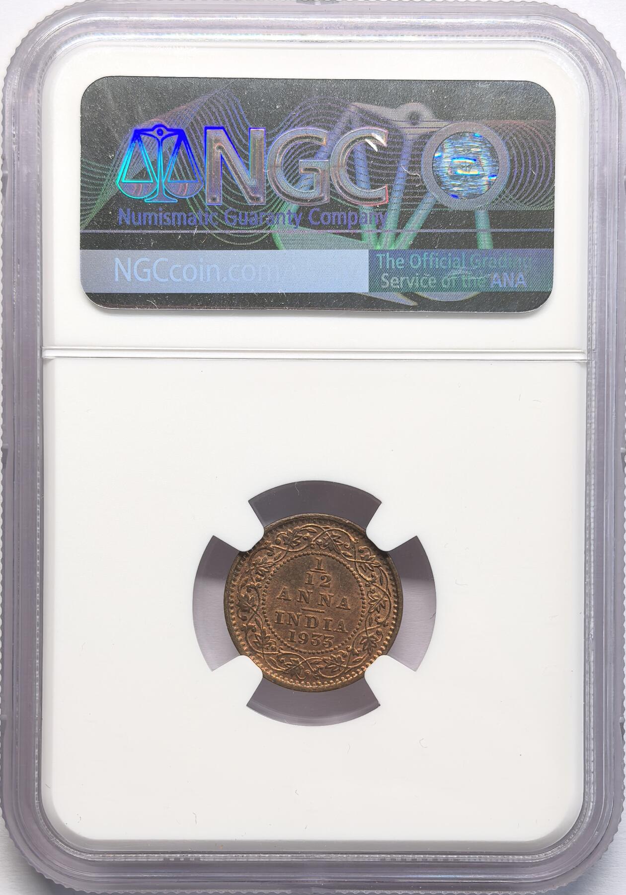 凡希社世界钱币微拍第二百八十二期 1933英属印度乔五1/12安那铜币NGC-MS64