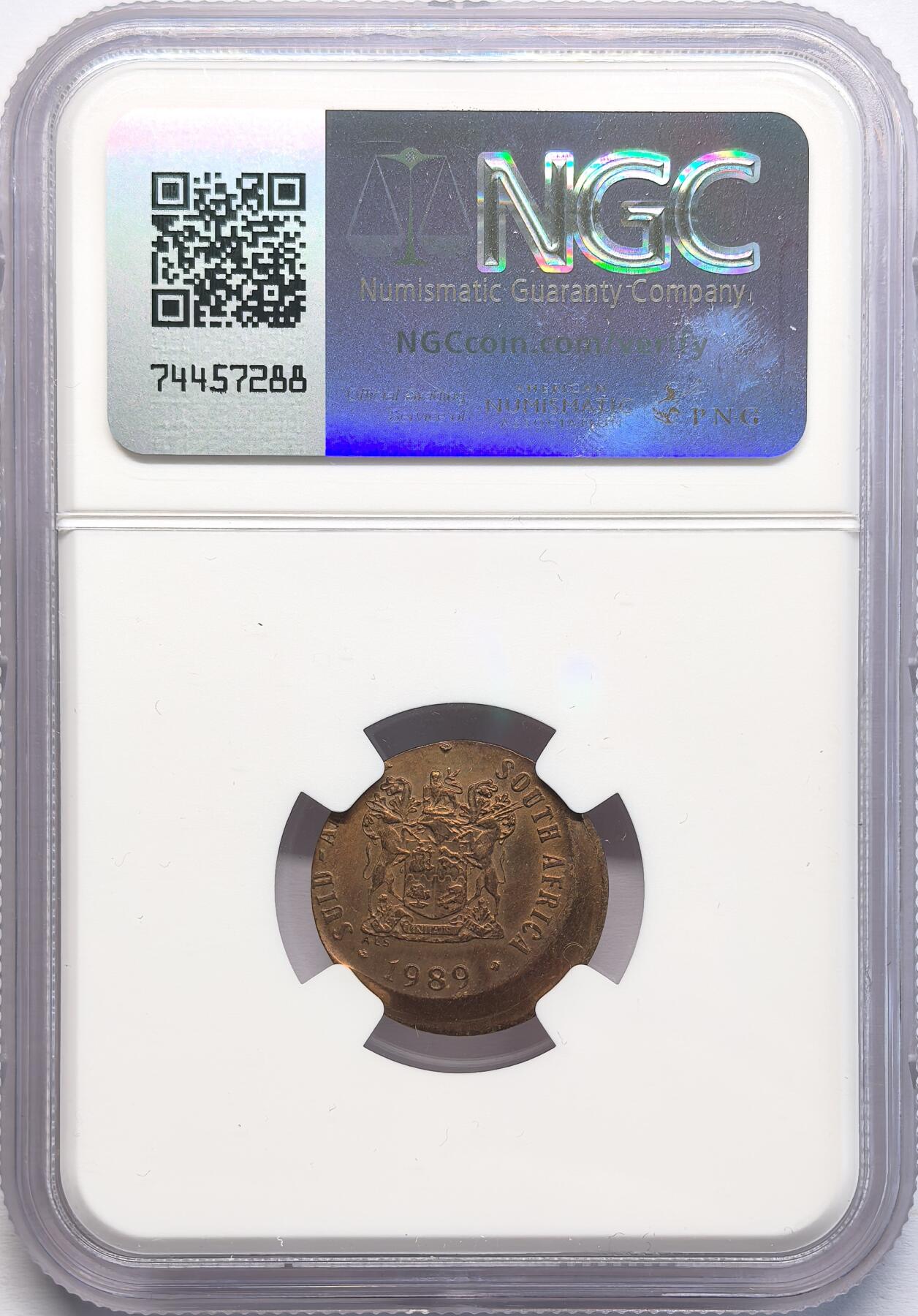 凡希社世界钱币微拍第二百八十二期 1989南非1分铜币铸造错版NGC-MS63
