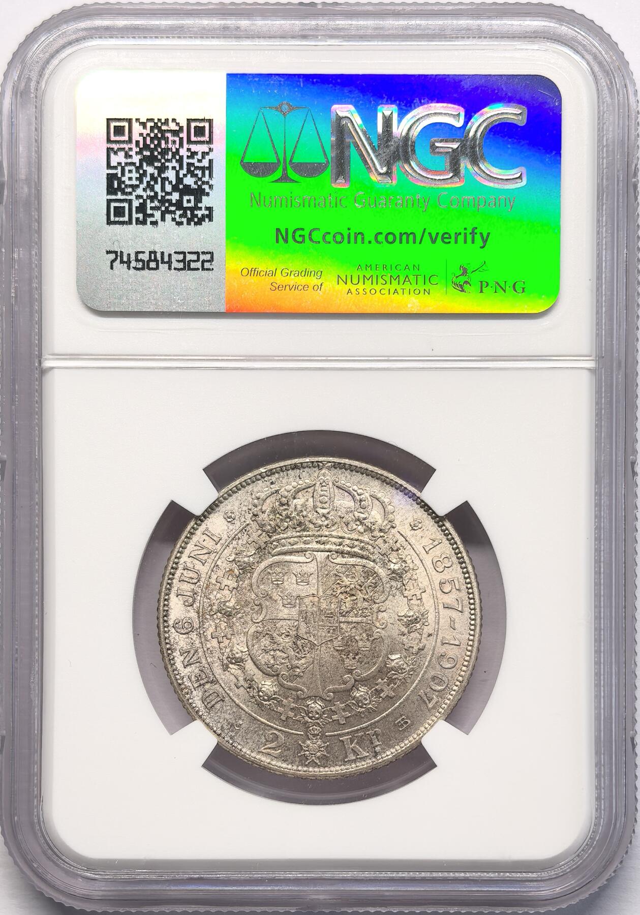 凡希社世界钱币微拍第二百八十二期 1907瑞典金婚2克朗纪念银币NGC-MS64