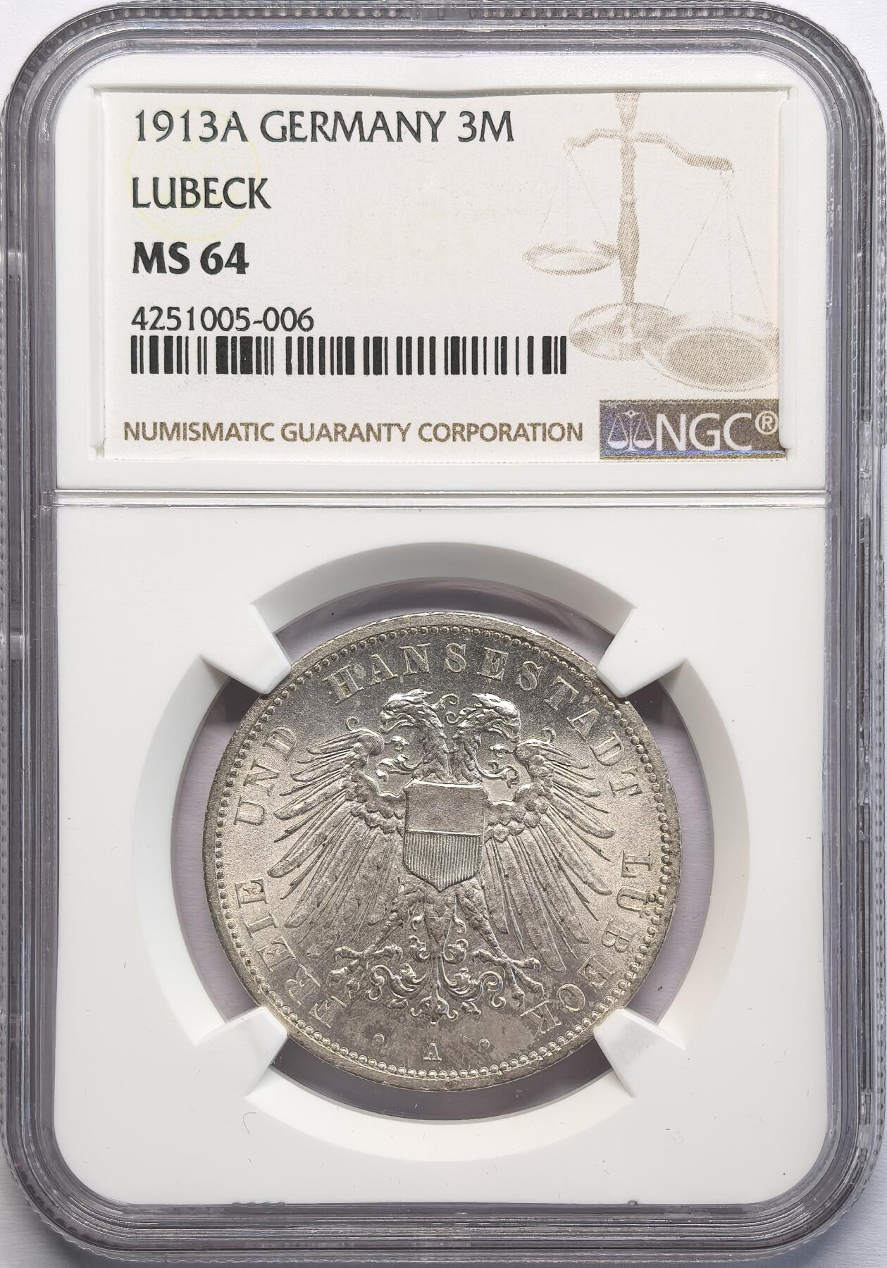凡希社世界钱币微拍第二百八十二期 1913A德国吕贝克双头鹰3马克NGC-MS64，薄彩原银光，名至实归的藏家品质。