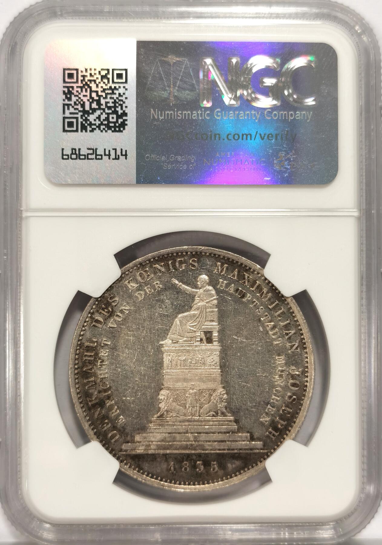 博洋堂“长夏未央”8月精品专场暨第089期（全场包邮） NGC MS61 德国巴伐利亚1835年马克西米利安纪念碑历史协定泰勒，“短权杖”版，28.06g，38mm，83.3%。近期大热品种