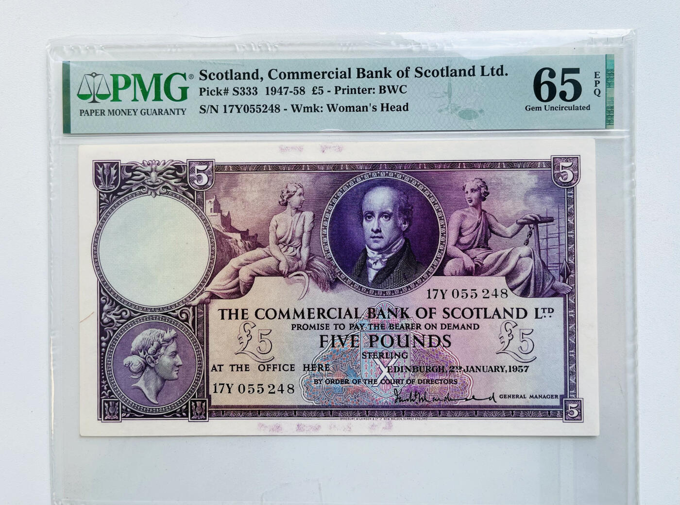 【Blue Auction】✨世界纸币精拍第533期【精】  苏格兰 1957年5镑 PMG65EPQ BWC出品 背面大场景雕刻精美 值得收藏