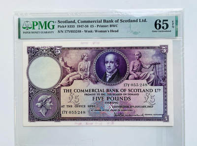 【Blue Auction】✨世界纸币精拍第533期【精】 -  苏格兰 1957年5镑 PMG65EPQ BWC出品 背面大场景雕刻精美 值得收藏