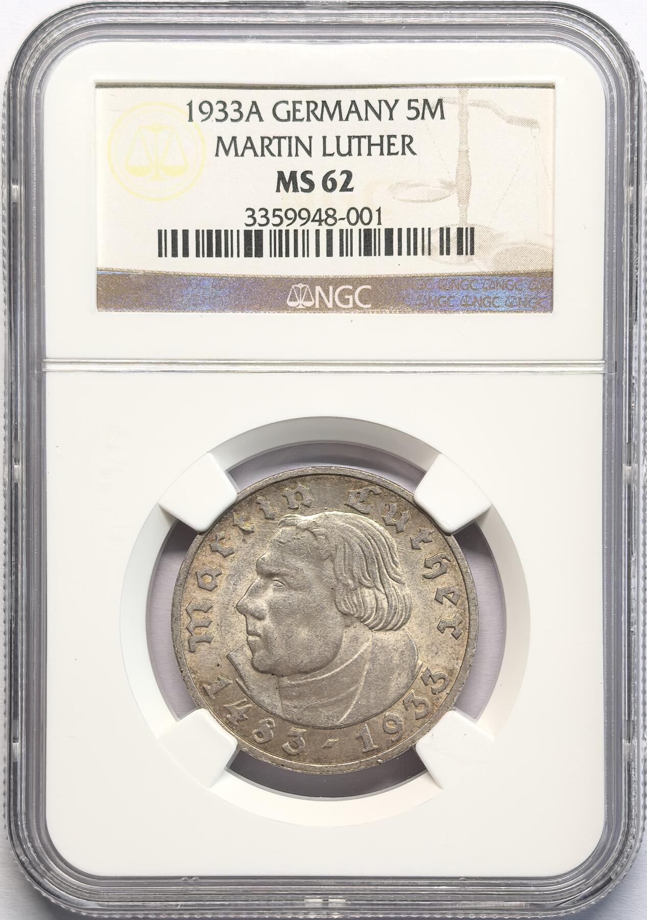 凡希社世界钱币微拍第二百八十二期 1933A德国路德5马克NGC-MS62