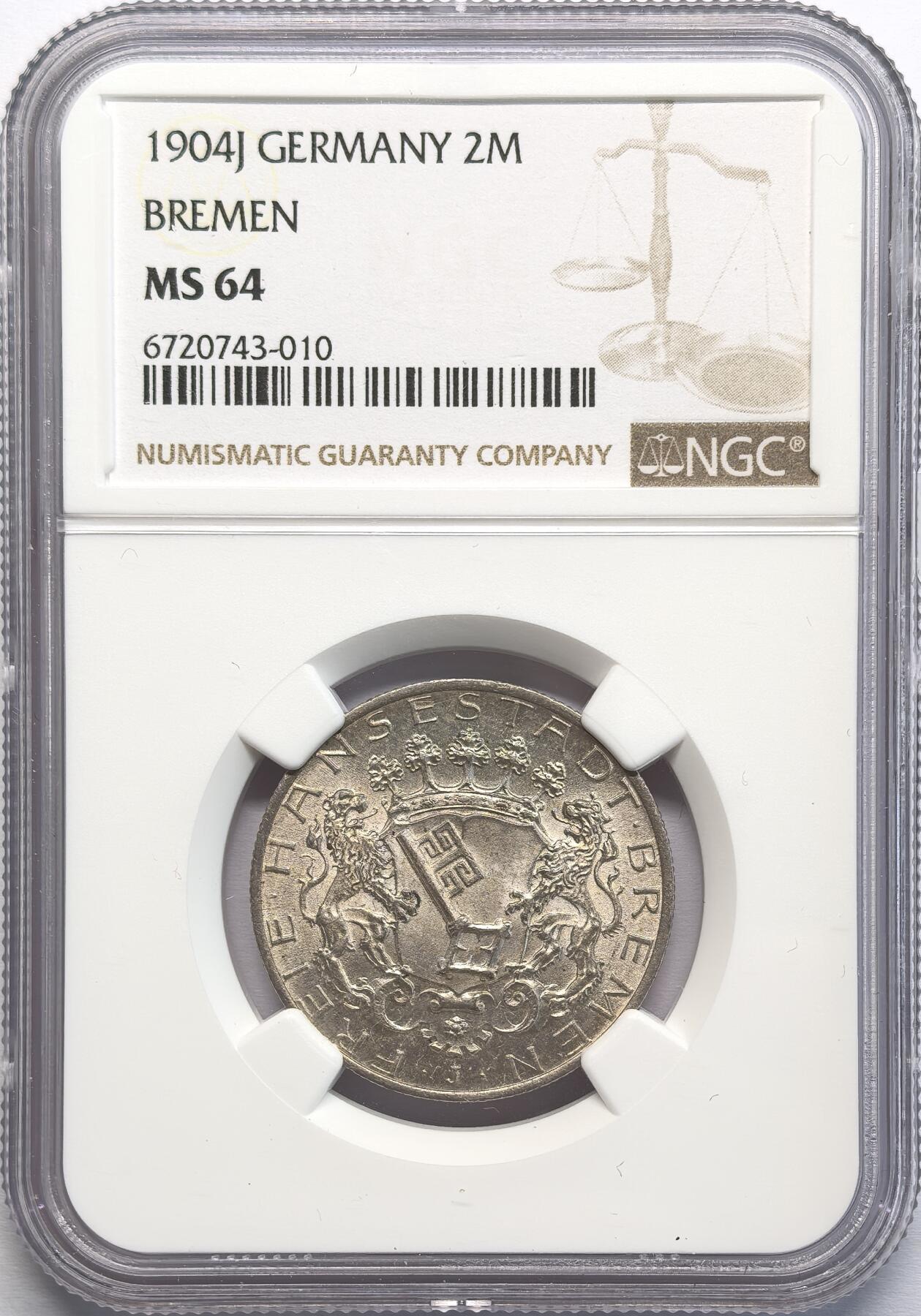 凡希社世界钱币微拍第二百八十二期 1904J德国不莱梅2马克NGC-MS64