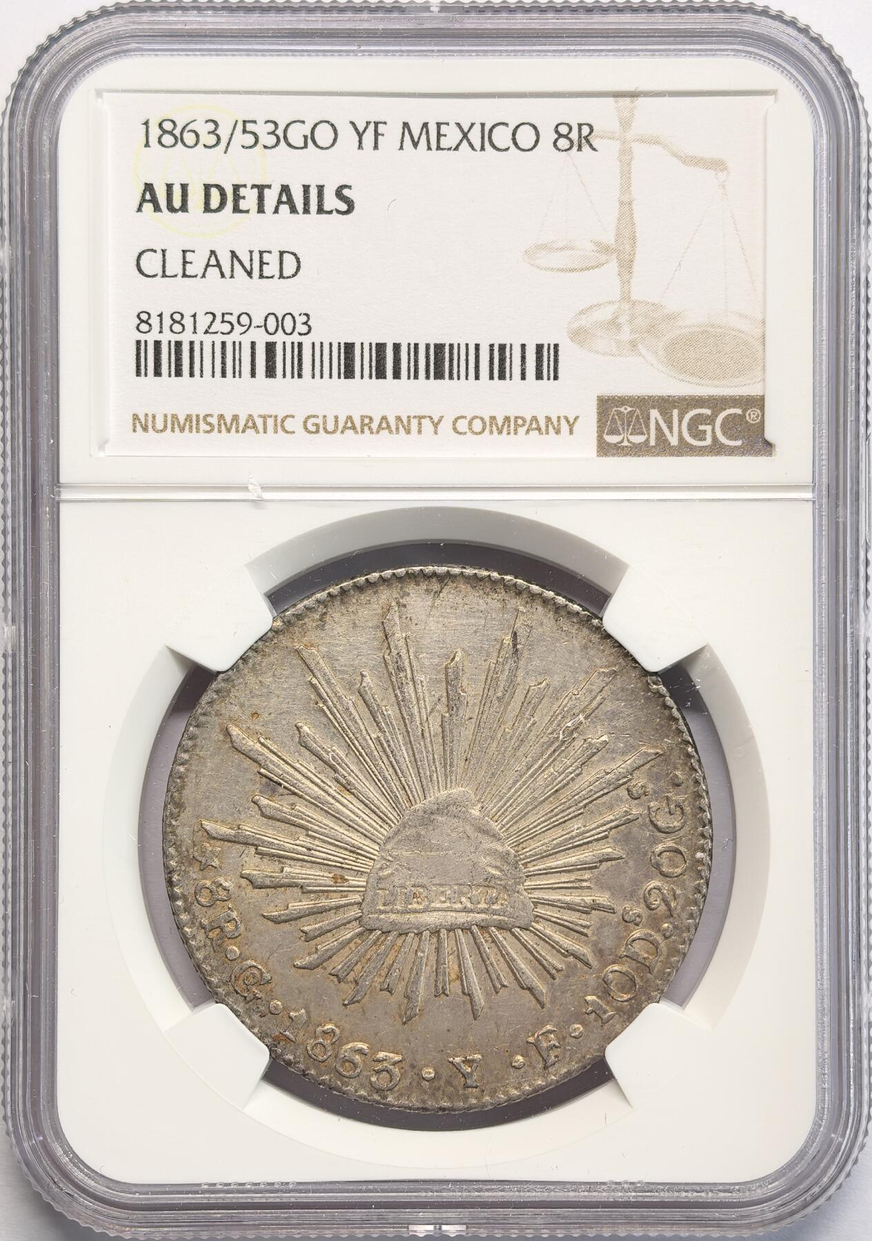 凡希社世界钱币微拍第二百八十二期 1863/53GO墨西哥花边鹰洋NGC-AUD，骑字版。