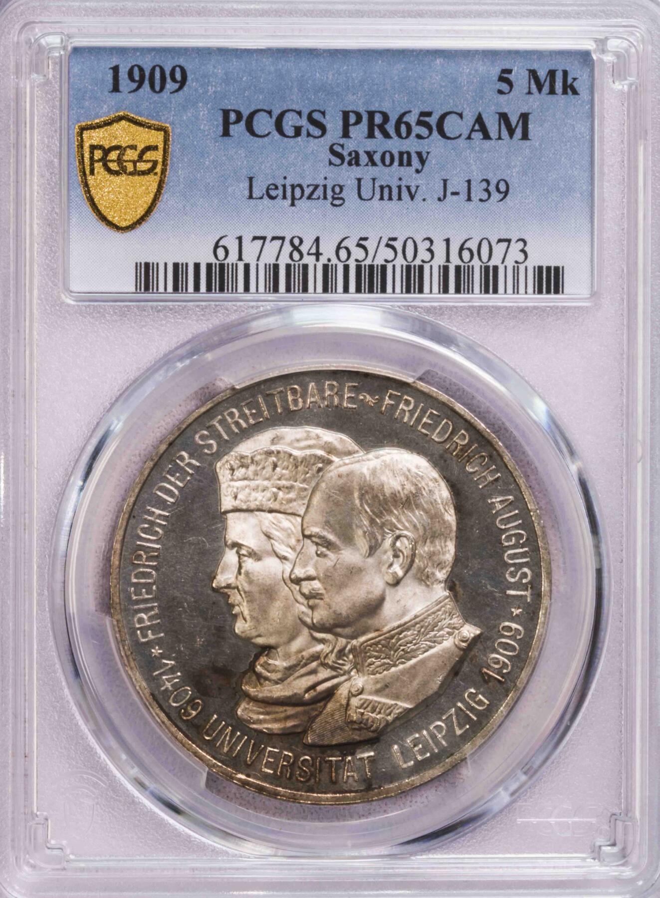 PCGS-PR65CAM 1909萨克森莱比锡大学5马克PF CA冠军