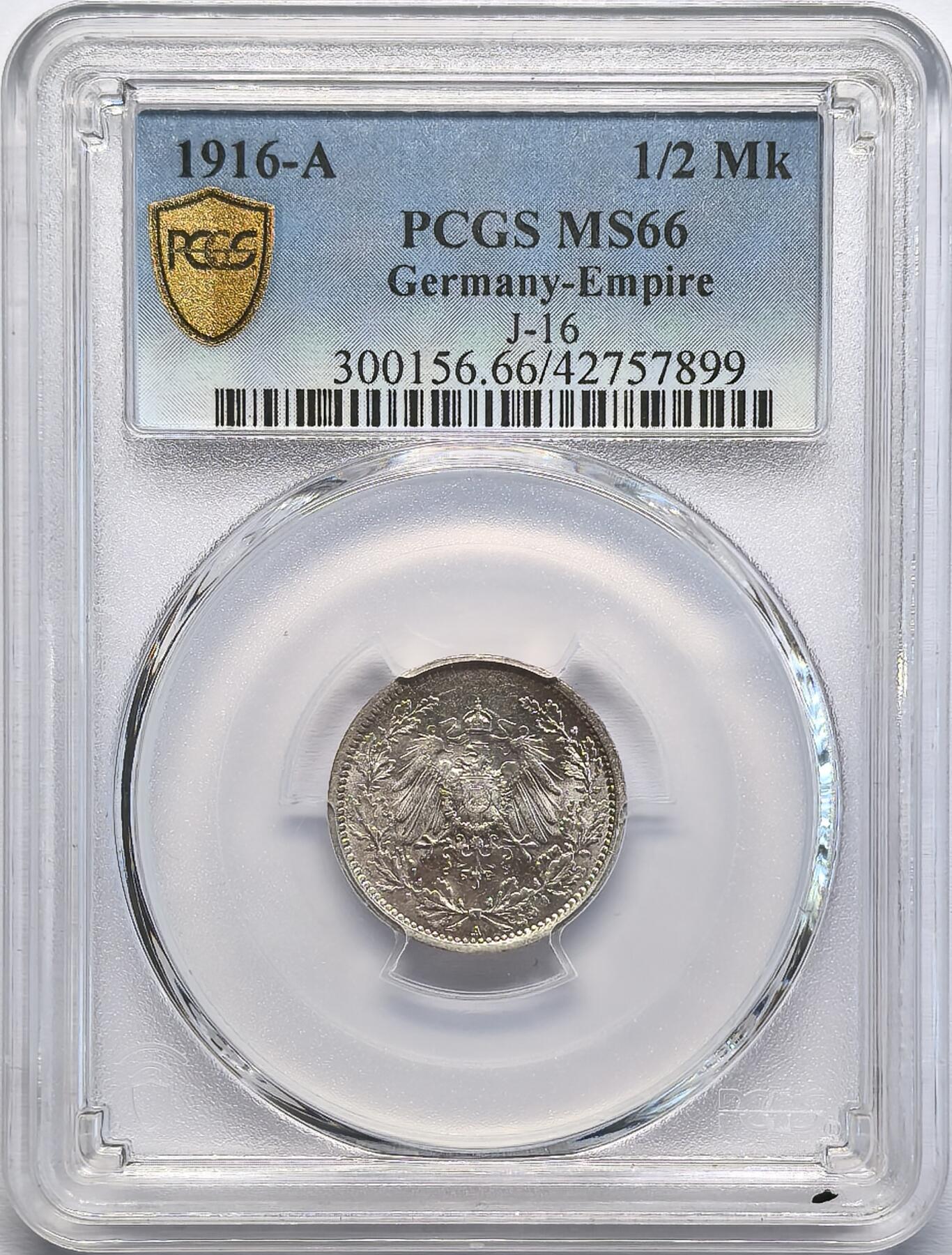 凡希社世界钱币微拍第二百八十二期 1916A德国1/2马克PCGS-MS66