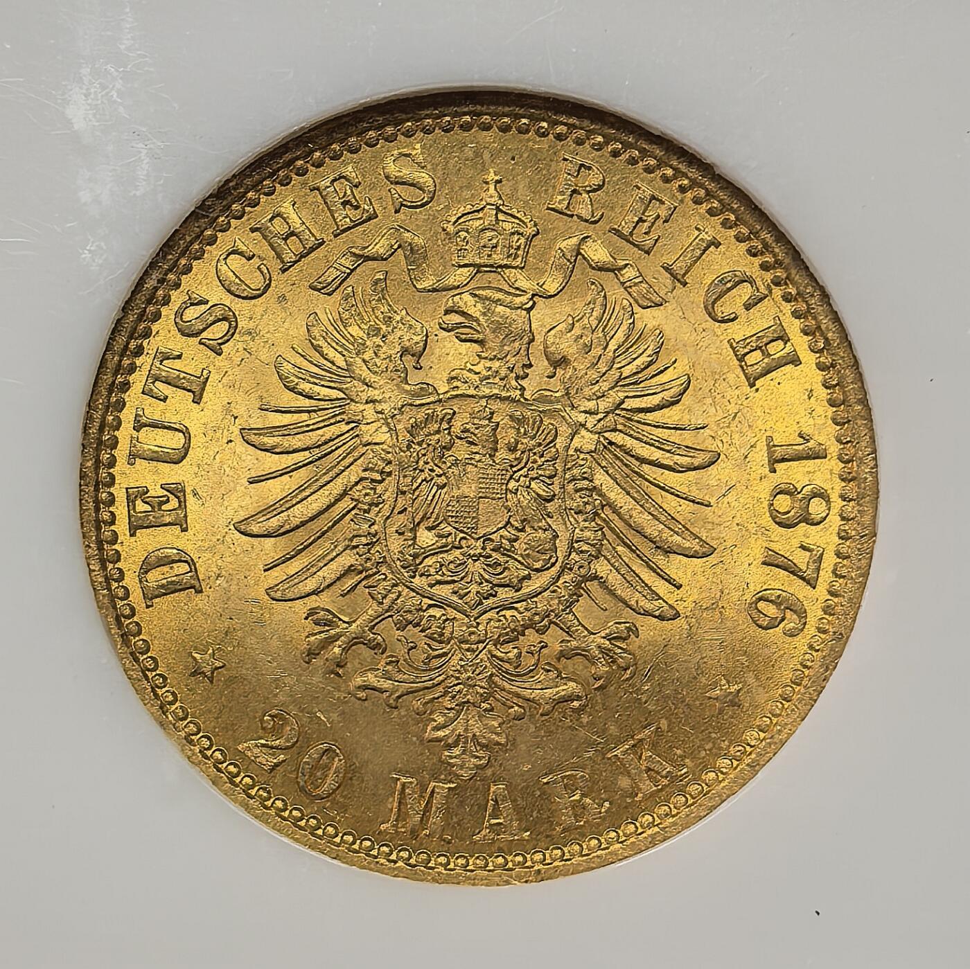 凡希社世界钱币微拍第二百八十二期 1876德国汉堡短翅鹰20马克金币NGC-MS64，7.965g，900金。