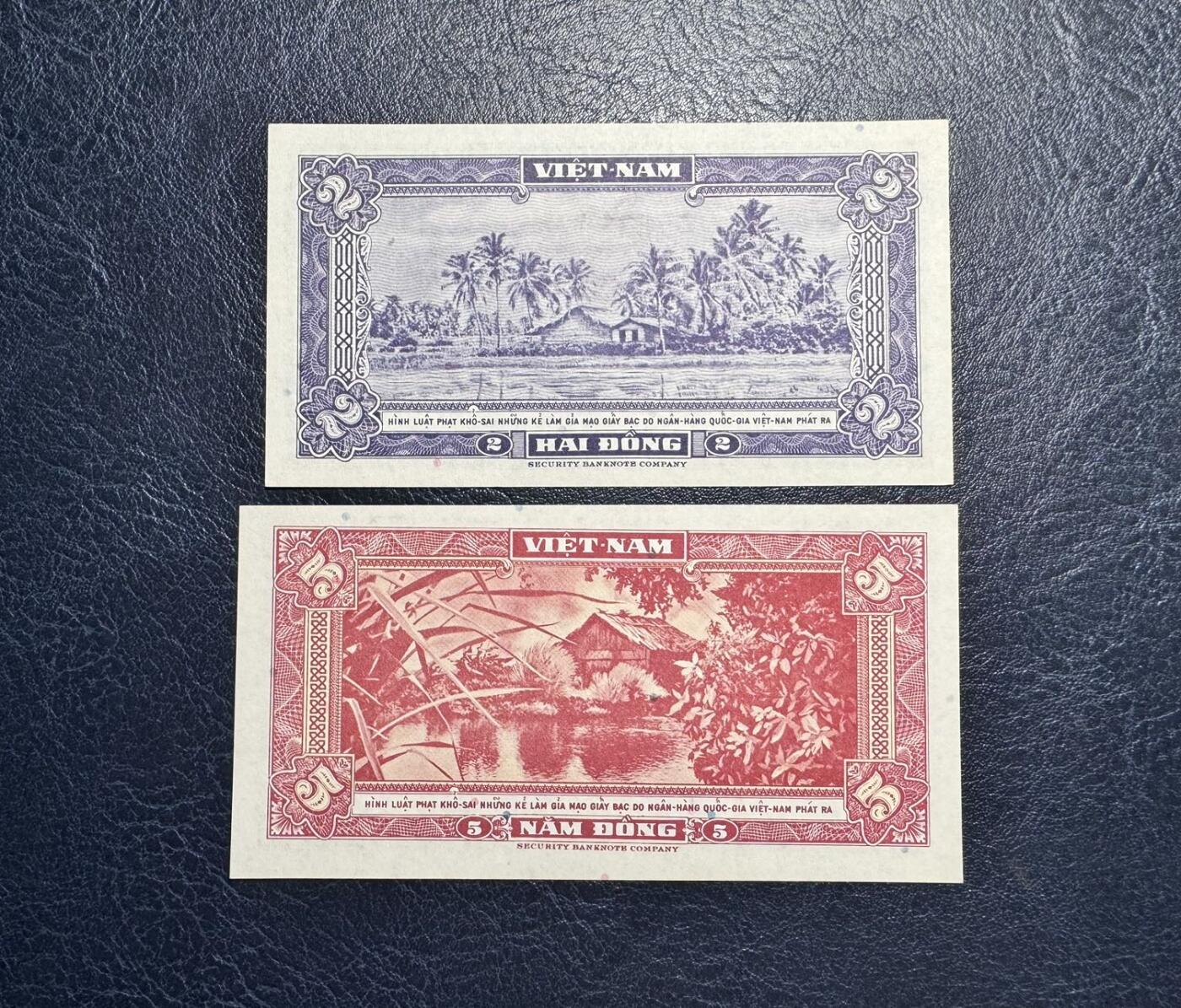 收藏联盟Quantum Auction 第371期拍卖  南越1955年2和5盾 品相UNC- 边缘轻微荧光点和泛黄