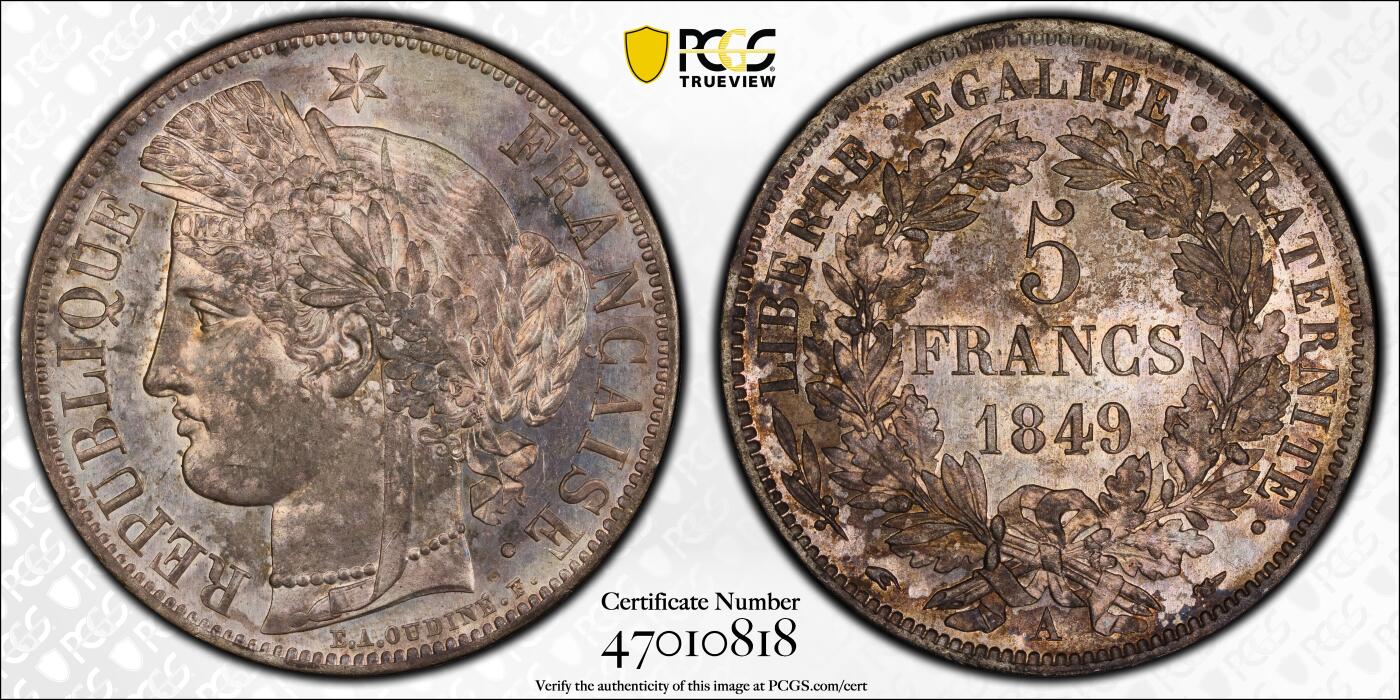凡希社世界钱币微拍第二百八十二期 1849A法国谷物女神5法郎大银PCGS-MS62，五彩斑斓，侧光下呈现金黄光泽，底板非常漂亮，实物美不胜收的一枚。