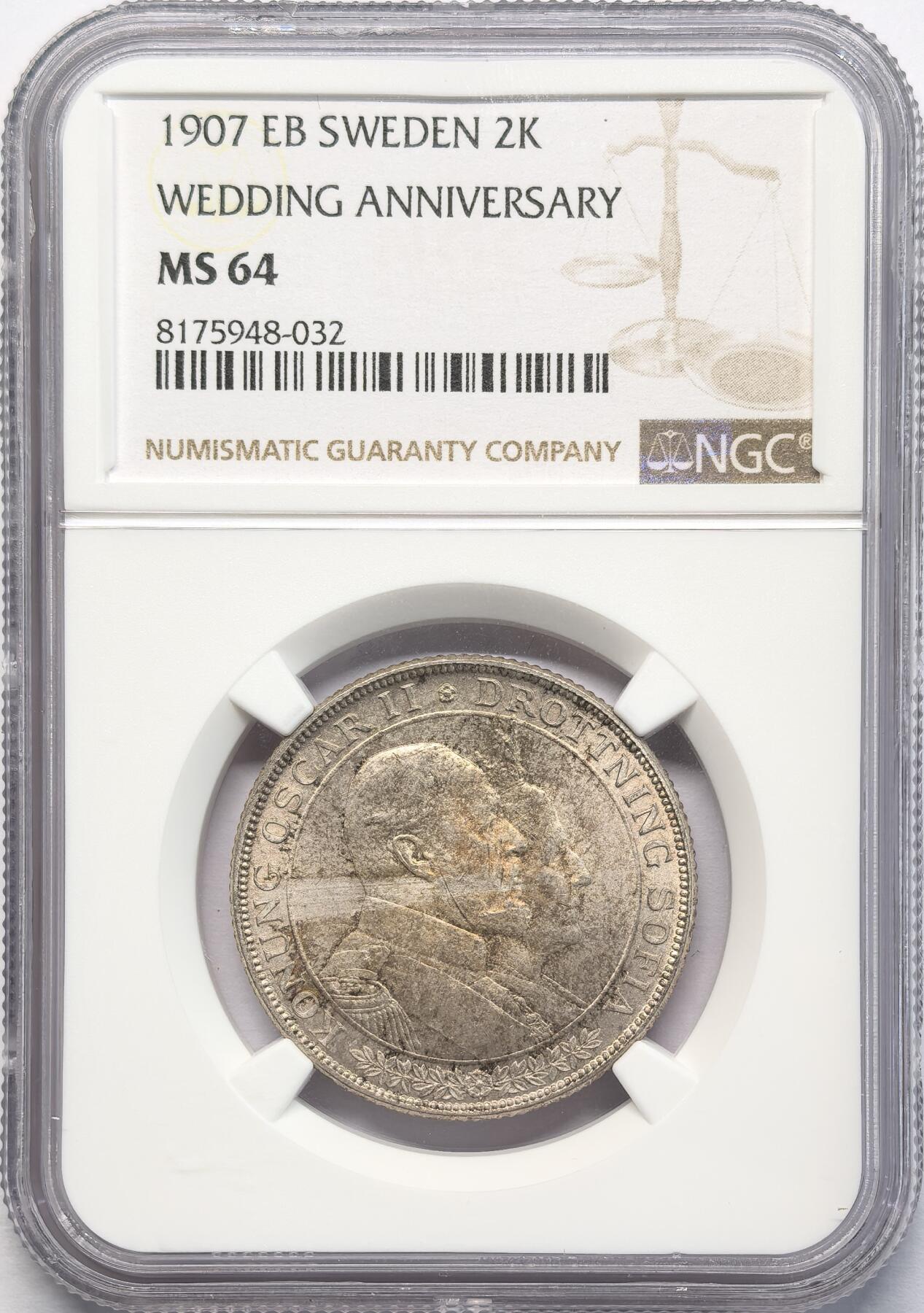 凡希社世界钱币微拍第二百八十二期 1907瑞典金婚2克朗纪念银币NGC-MS64