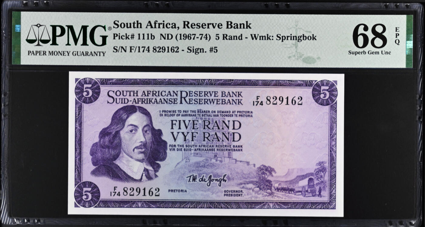 【Blue Auction】✨世界纸币精拍第533期【精】 【唯一冠军分】南非 1967-74年5兰特 PMG68EPQ 超高分
