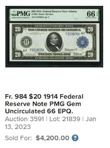 【Blue Auction】✨世界纸币精拍第533期【精】  【仅2张更高分 亚军分少见 无47】美国 1914年20美金 亚特兰大版 正面人像克利夫兰（1837-1908）是美国历史上唯一一位两度当选且任期不连续的总统（第22和24任）也是1934年1000美金纸币上人物 PMG66EPQ 顶级高分 背面自由女神像 各种交通工具 大票幅 雕刻精美