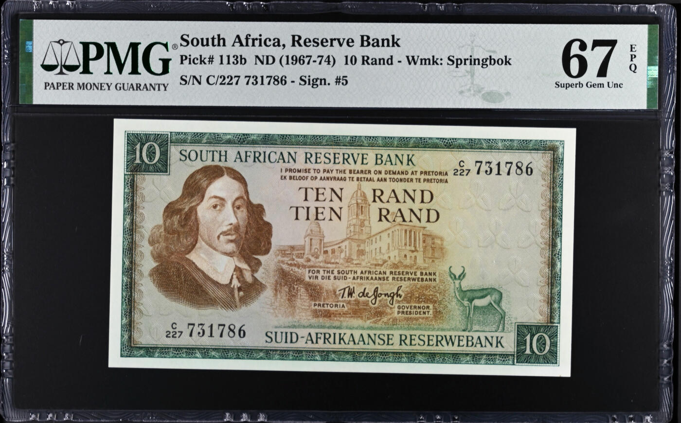 【Blue Auction】✨世界纸币精拍第533期【精】 南非 1967-74年10兰特 PMG67EPQ 高分 