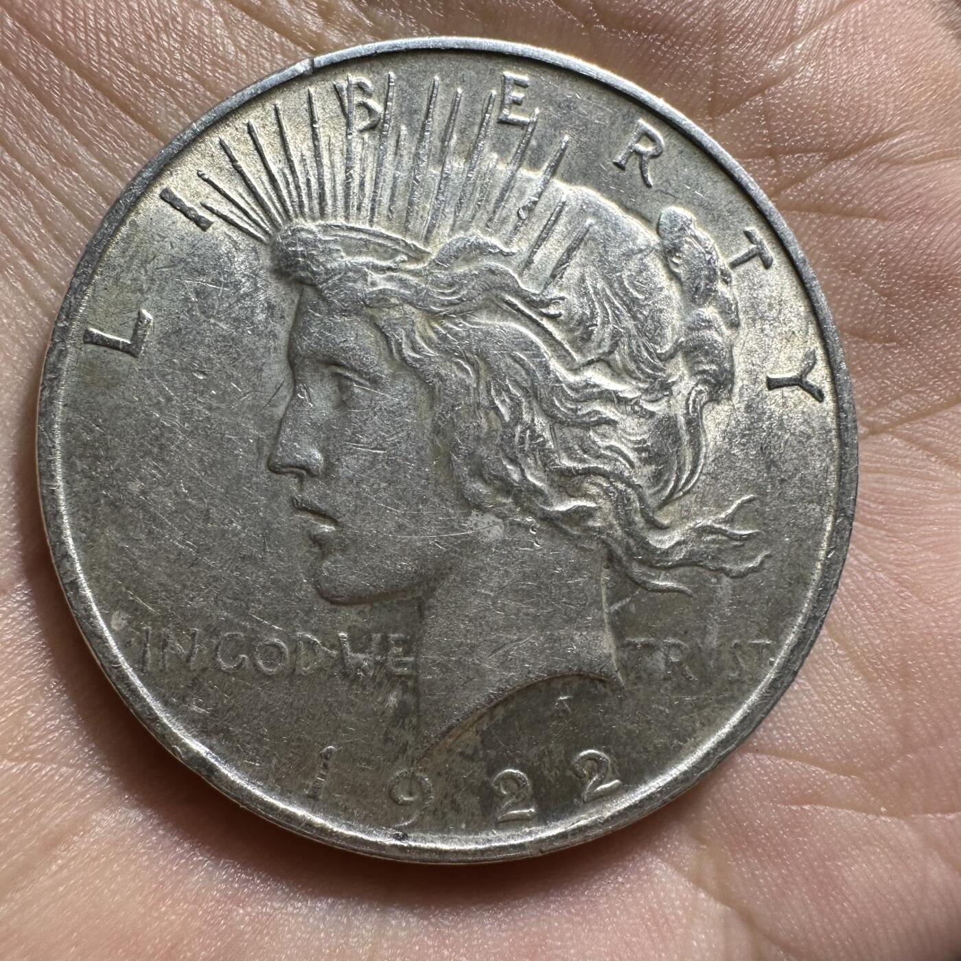 极美外币和章 原光！1922年美国自由女神和平鸽1美元银币