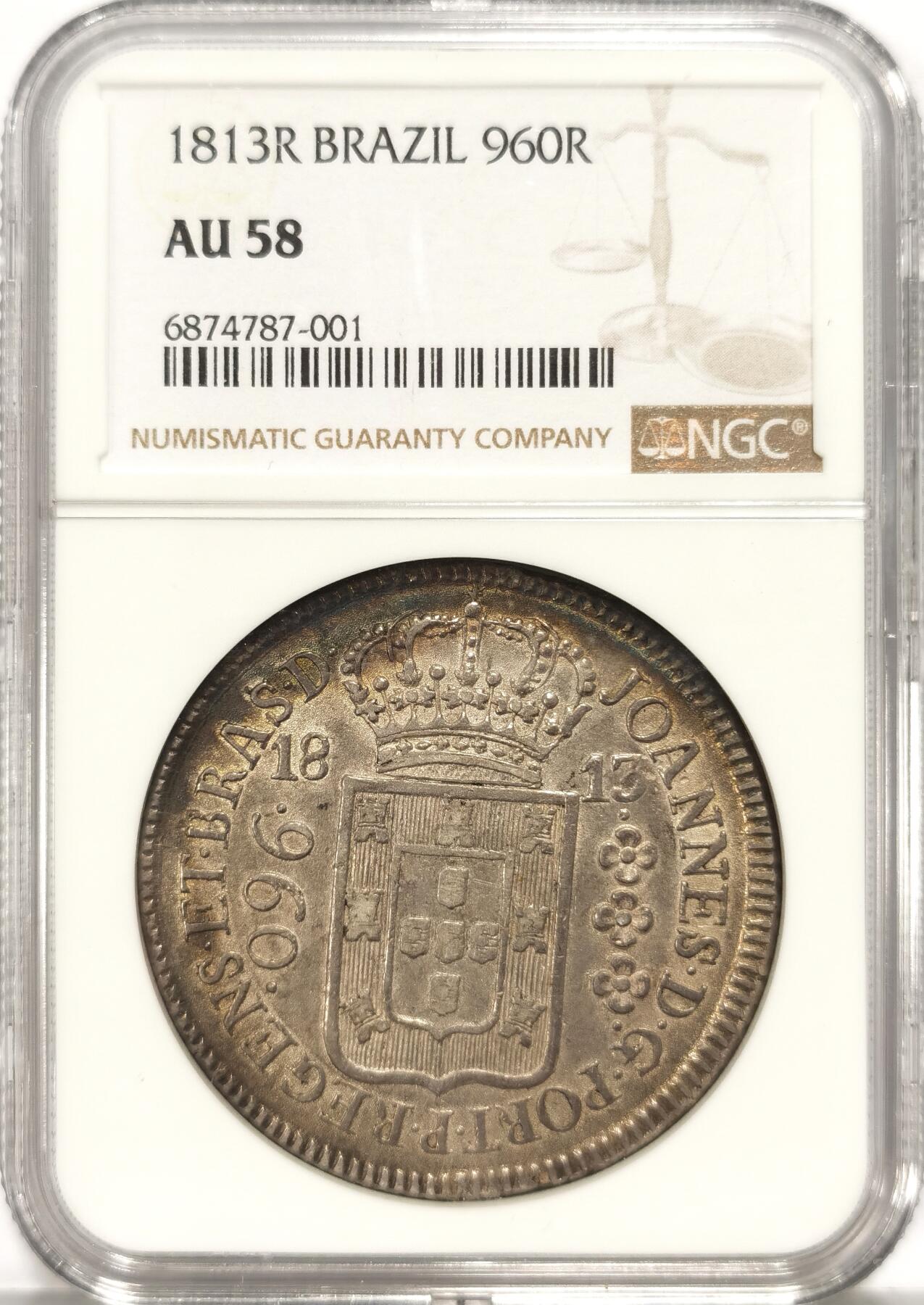 博洋堂“长夏未央”8月精品专场暨第089期（全场包邮） NGC AU58 葡属巴西1813年R版960R地球大银币，极美原味包浆，早期高分少见