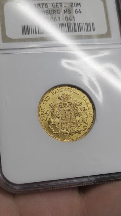 凡希社世界钱币微拍第二百八十二期 1876德国汉堡短翅鹰20马克金币NGC-MS64，7.965g，900金。