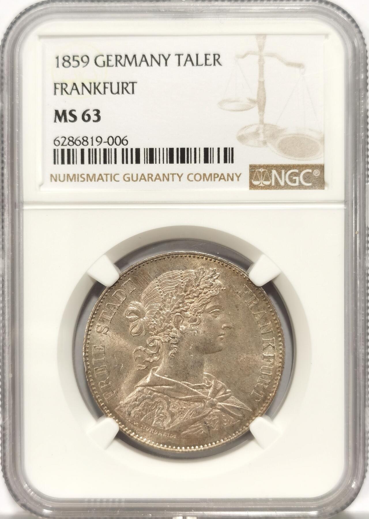 博洋堂“长夏未央”8月精品专场暨第089期（全场包邮） NGC MS63 1859年德国法兰克福少女泰勒 首发年份高分非常难得 上面只有6个64 1个65 本枚是季军分