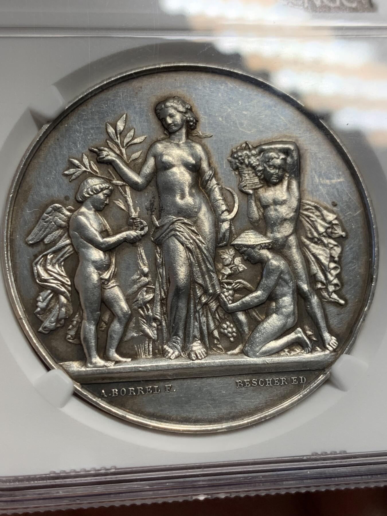 《竞宝斋》第302场- 周日，周一，周二  3场连拍 （全场包邮） NGC UNC 法国 1900年前后 瓦洛涅斯农业女神银章 42mm高浮雕清凉女神与小天使