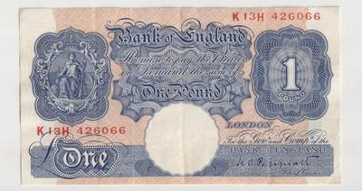 PThappally收藏第39次拍卖，英联邦地区硬币纸币 - 英国 Great Britain, ND 1940-48 1 Pound, Sign. K. O. Peppiatt, Pick 367 dark blue and pink with security thread, NS# K13H 426066 Cirulated NOT UNC