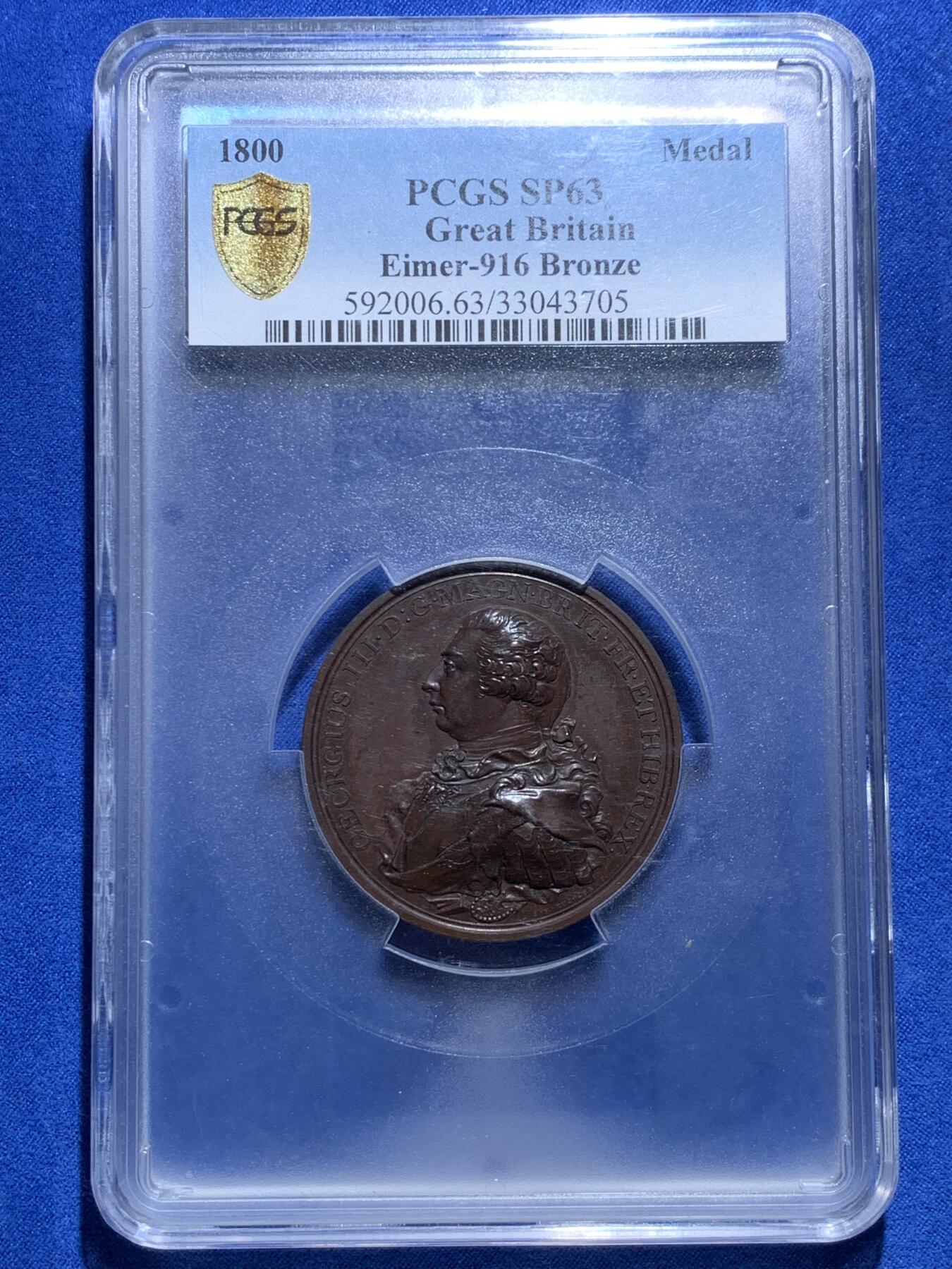 《竞宝斋》第302场- 周日，周一，周二  3场连拍 （全场包邮） PCGS SP63 英国 1800年 国王乔治三世遇刺生还铜章 高浮雕巧克力色 全视之眼