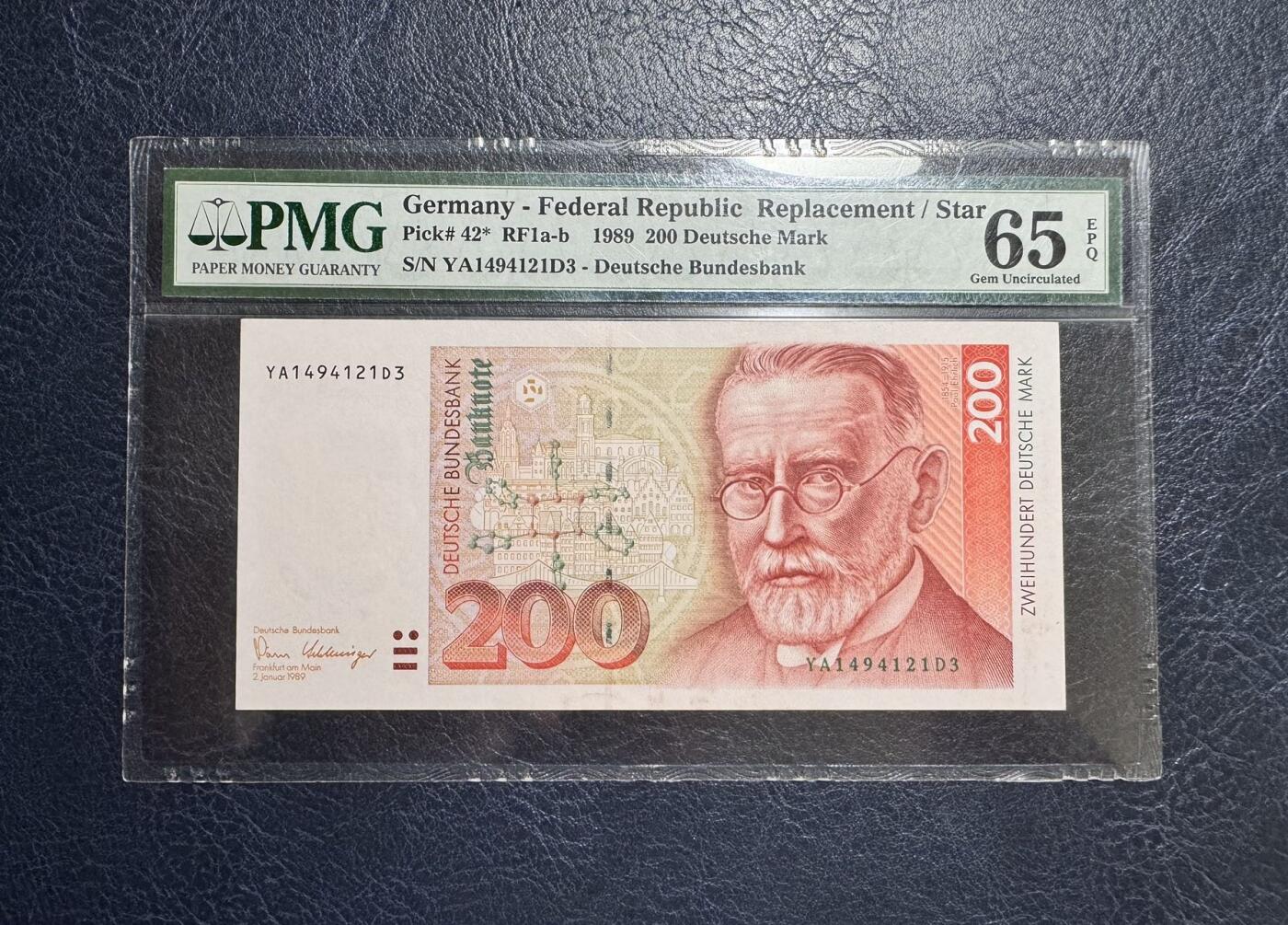 收藏联盟Quantum Auction 第372期拍卖  德国联邦1989年200马克 PMG65 补号 诺贝尔医学奖得主 埃尔利希