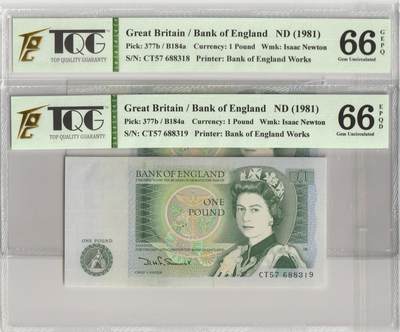 PThappally收藏第39次拍卖，英联邦地区硬币纸币 - 英国 Great Britain, D Series- ND 1981 - 2 x 1 Pound, Sign. D.H.F. Somerset, Pick 377b SN# CT57 688318-19, TQG 66 EPQD Gem unc