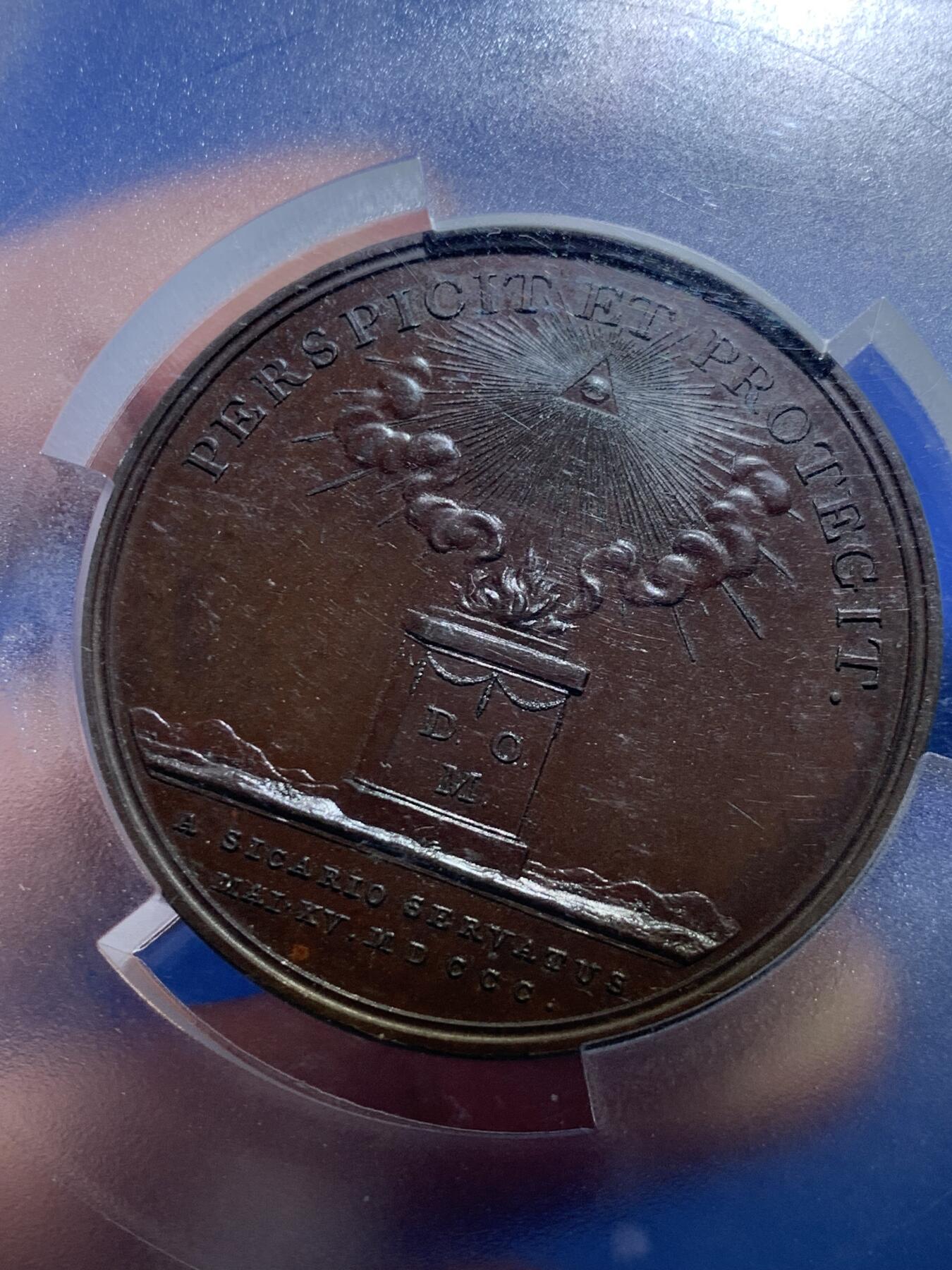 《竞宝斋》第302场- 周日，周一，周二  3场连拍 （全场包邮） PCGS SP63 英国 1800年 国王乔治三世遇刺生还铜章 高浮雕巧克力色 全视之眼