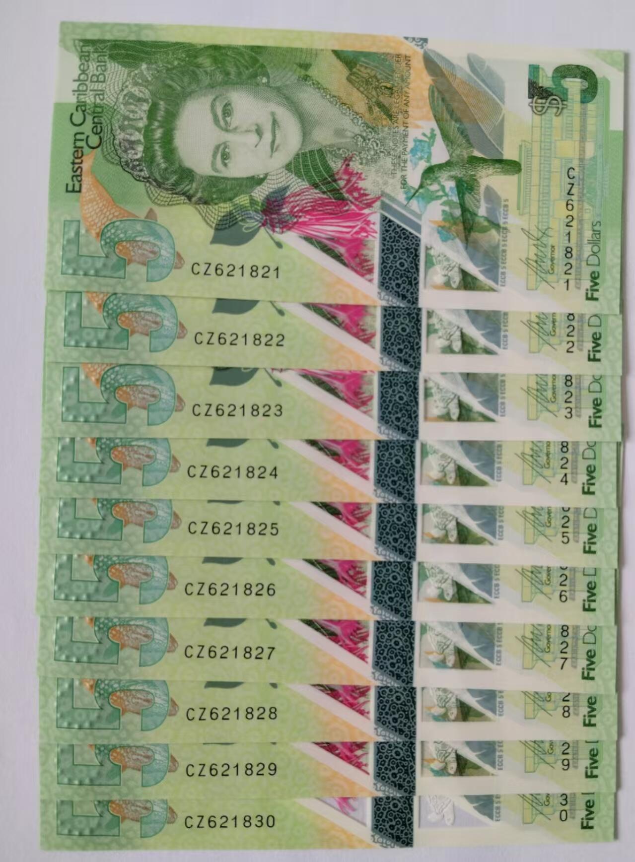 天和轩精品钱币第43场 全新UNC 东加勒比5塑料钞  10连号