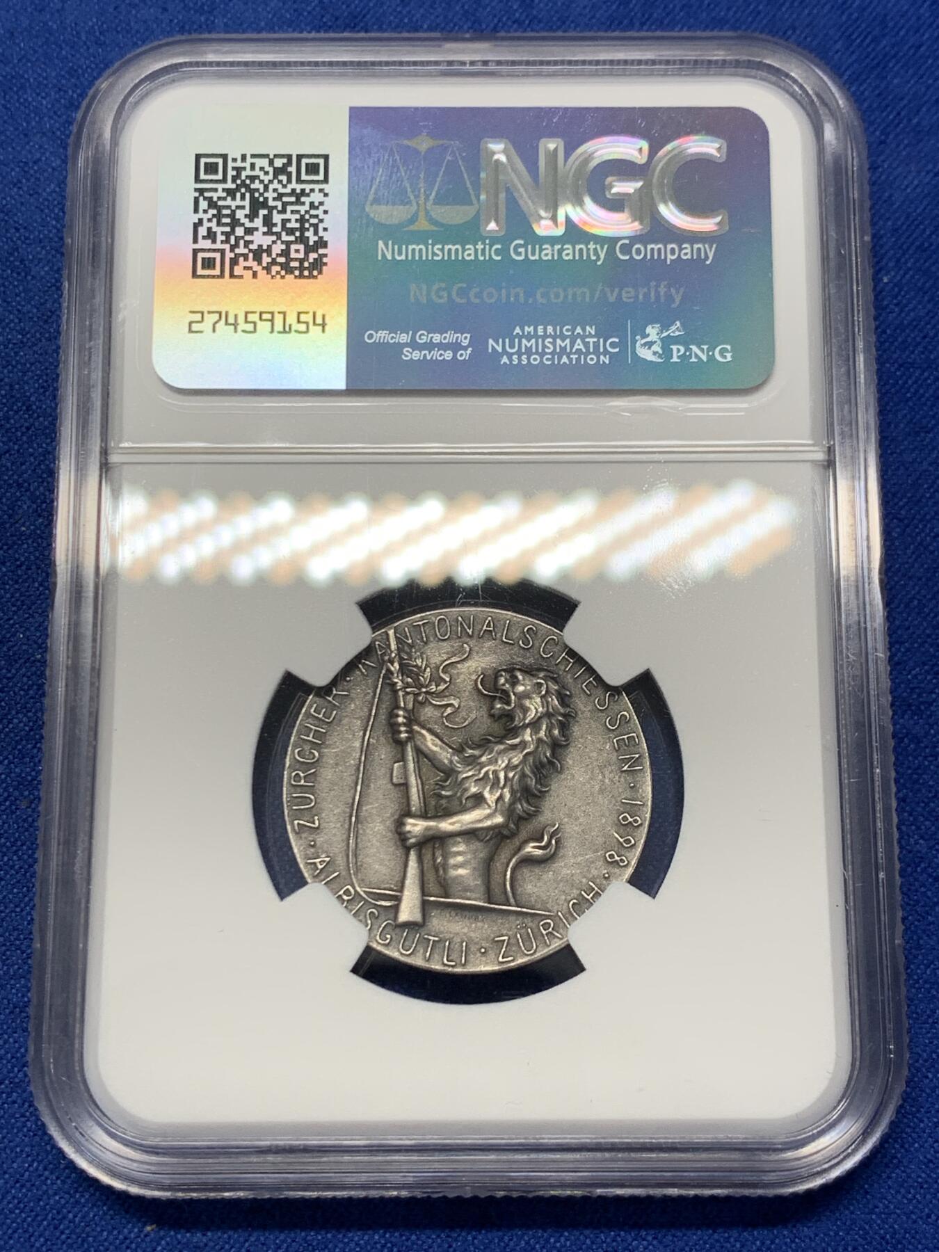 《竞宝斋》第302场- 周日，周一，周二  3场连拍 （全场包邮） NGC MS63 瑞士 1898年 苏黎世射击节银章 美女与野兽 持枪狮子霸气威武